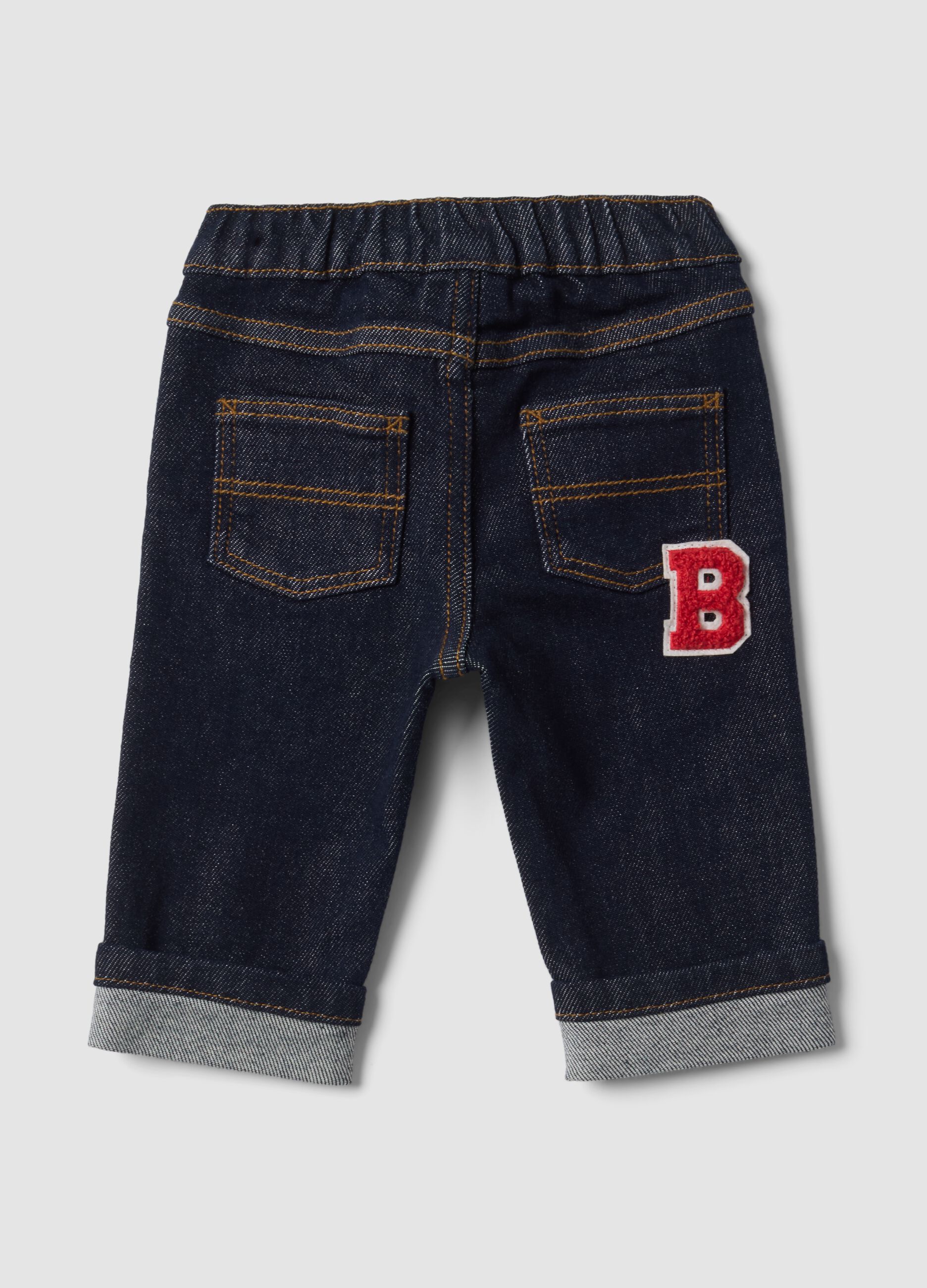 Blue stretch-cotton denim trousers with teddy bear embroidery for baby