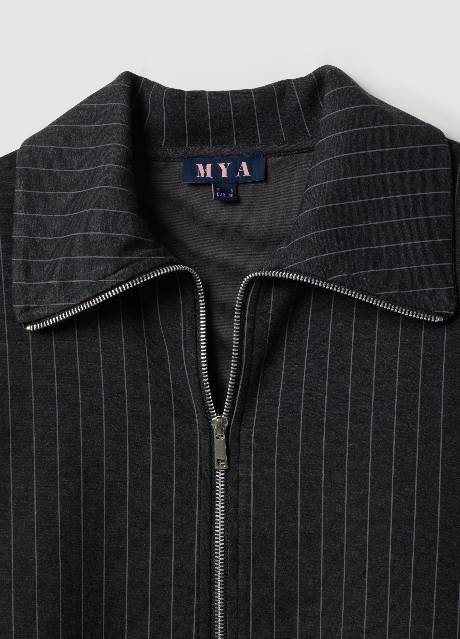 Grey striped stretch viscose full-zip sweatshirt with collar