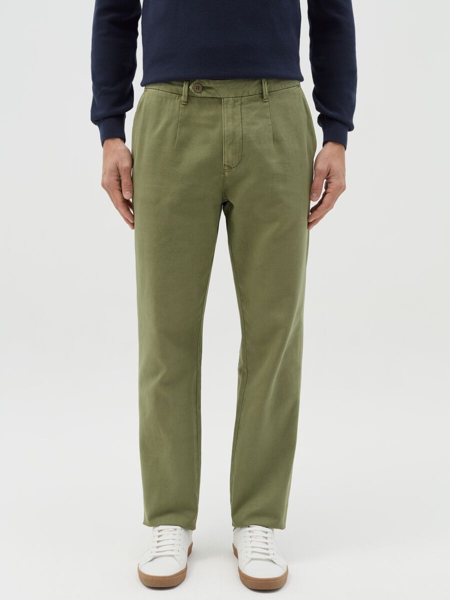 Chino trousers in green linen and cotton_1