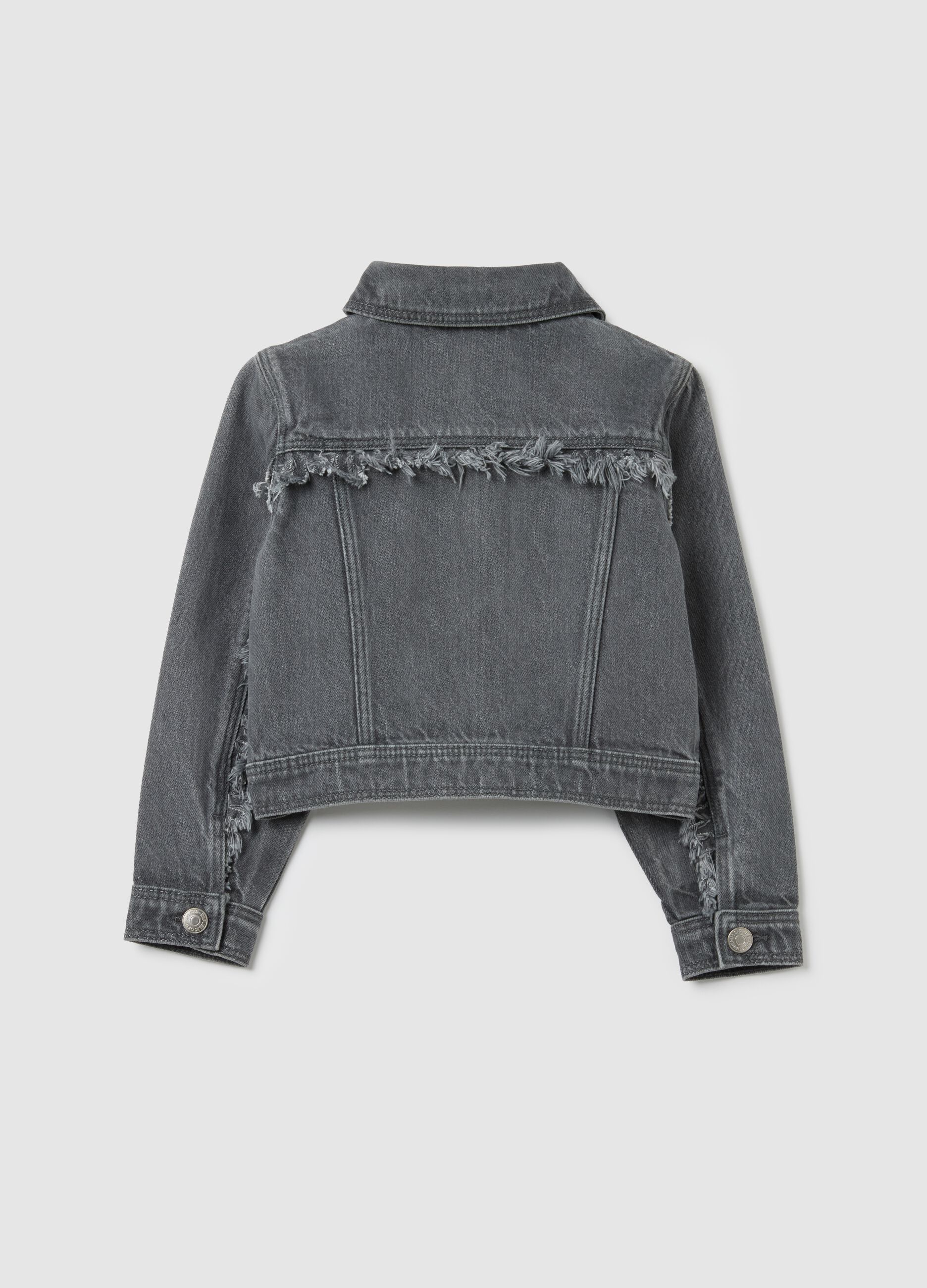 Girl's grey pure cotton jacket, regular fit, with frayed details