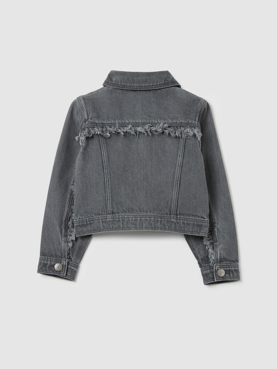 Giacca da bambina in puro cotone grigia regular fit con dettagli sfrangiati_1