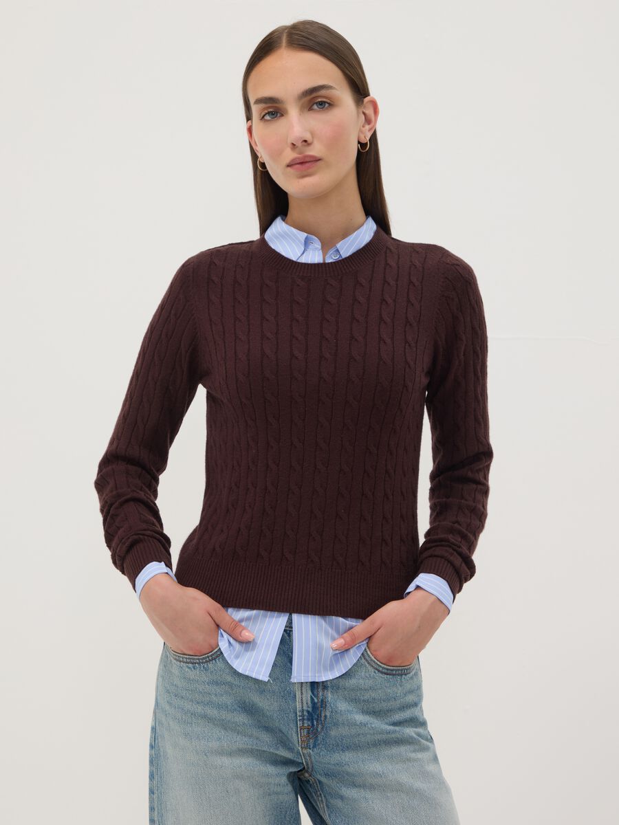 Brown cable-knit crew-neck jumper, regular fit_0