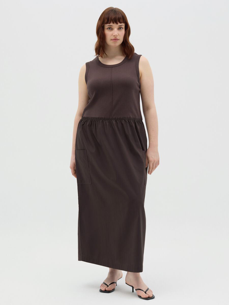Long sleeveless brown dress in stretchy cotton_0
