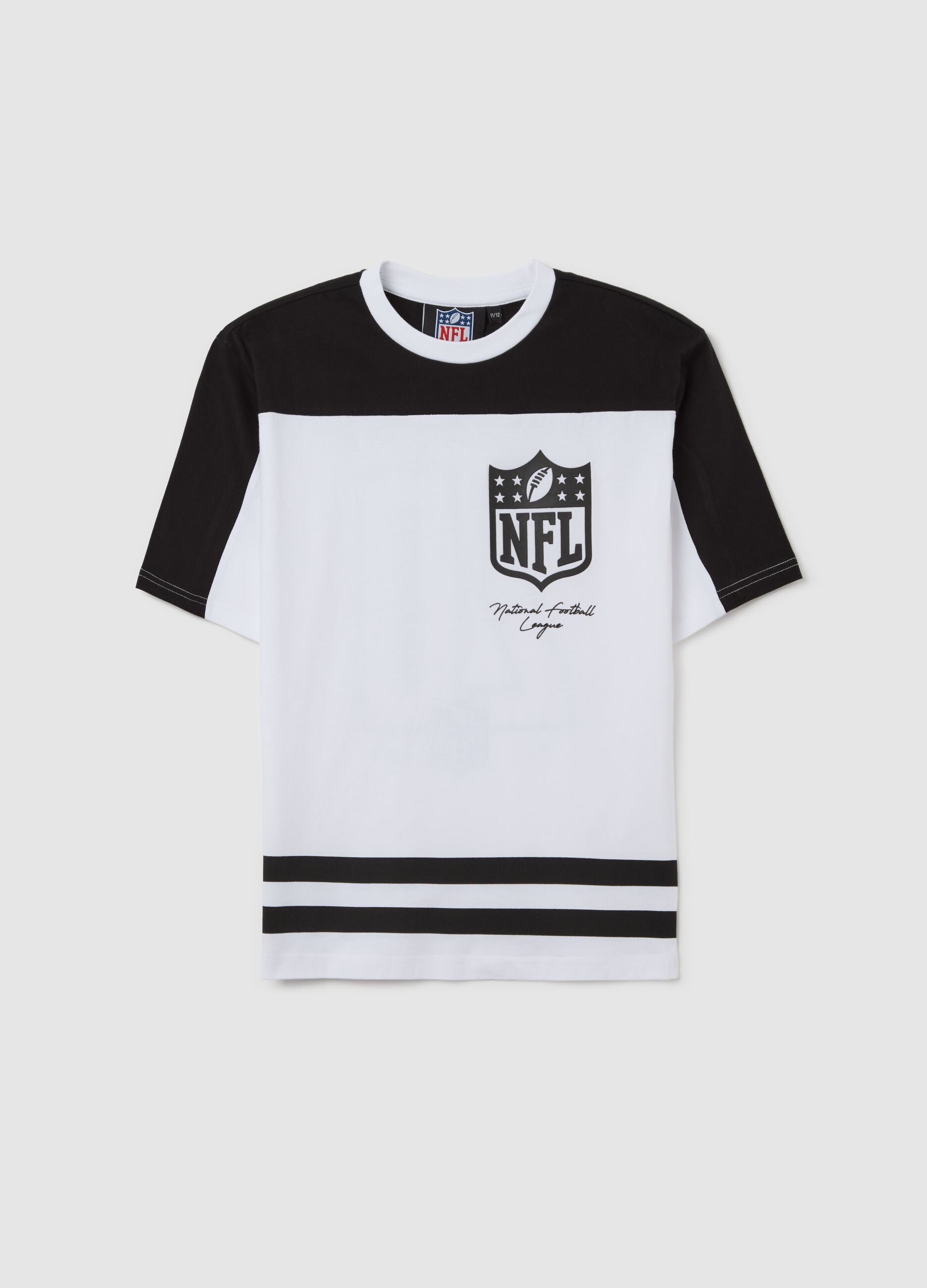 Black and white two-tone cotton T-shirt with NFL print