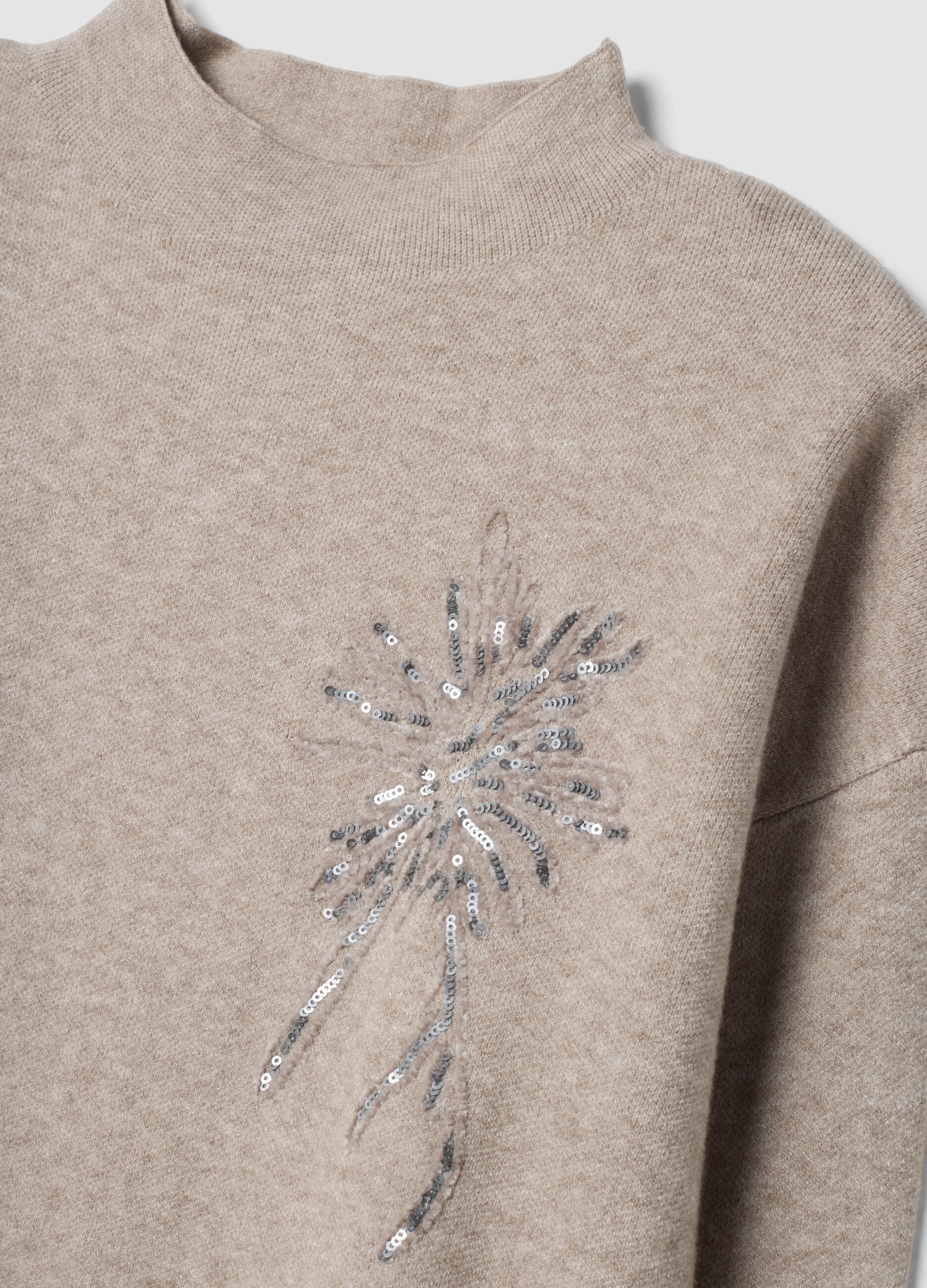 Maglia cammello in misto viscosa con ricamo paillettes regular fit