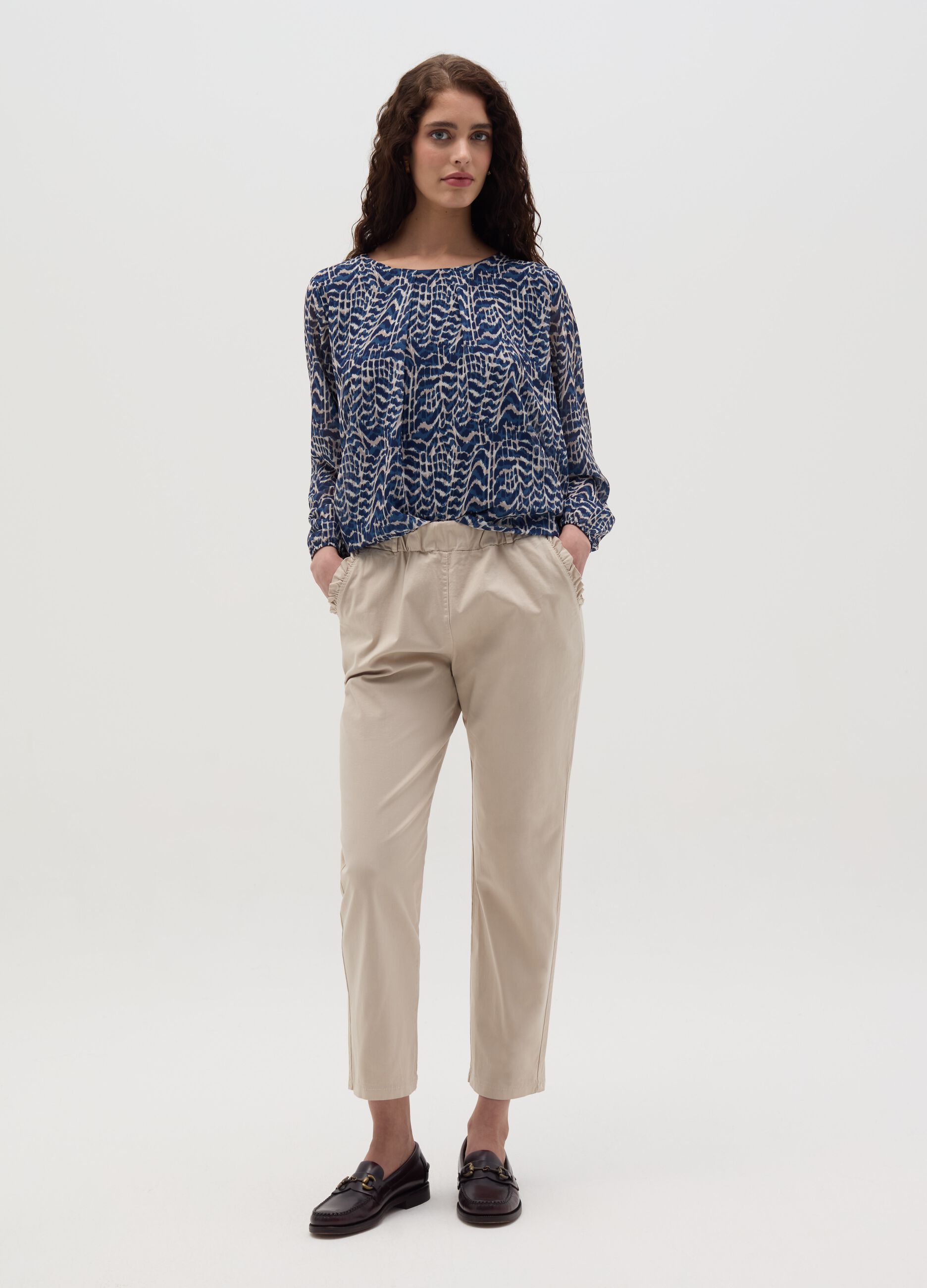 Stretch cotton trousers with drawstring