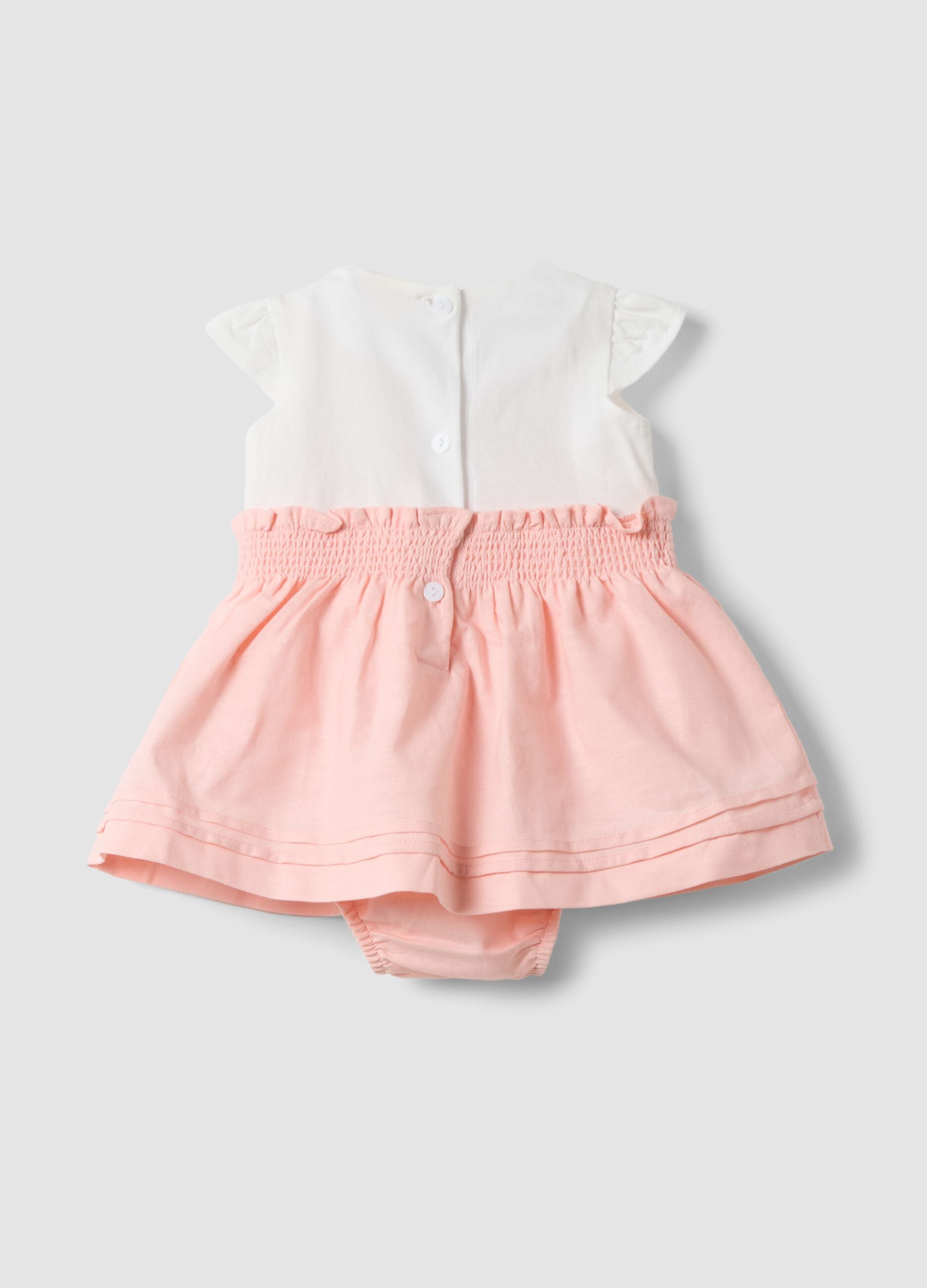 Pink cotton-linen blend romper with Winnie the Pooh embroidery for baby girl