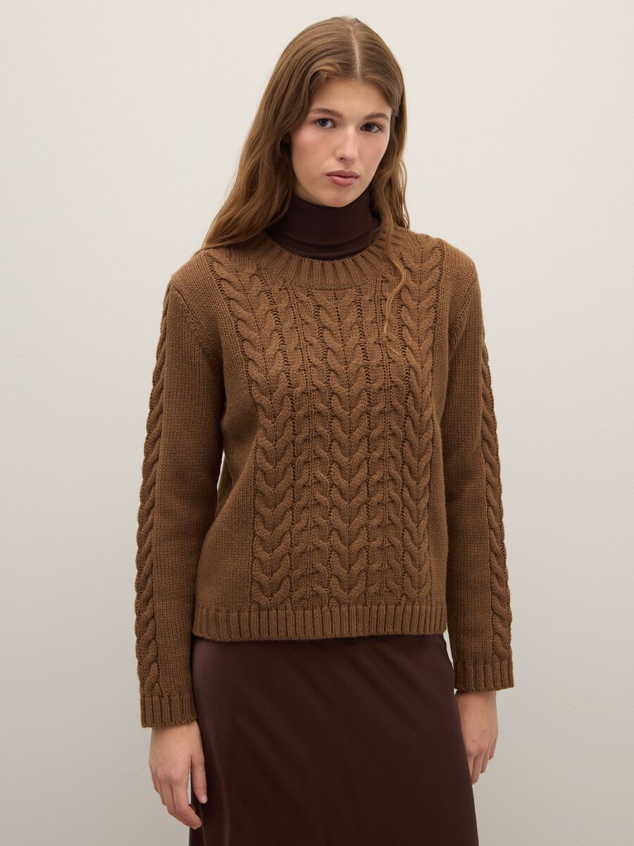 Brown regular fit cable knit jumper_1