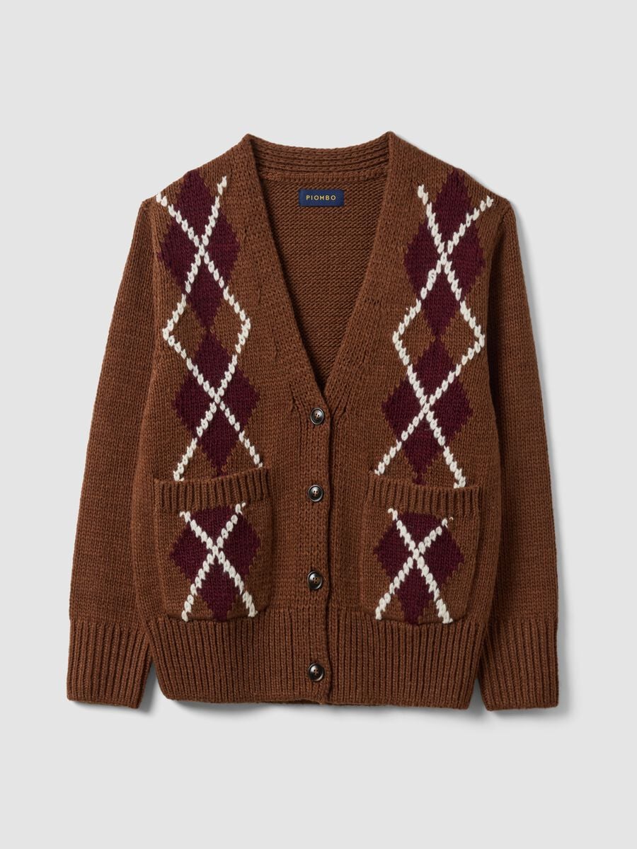 Cardigan marrone in misto lana con girocollo argyle over fit_0
