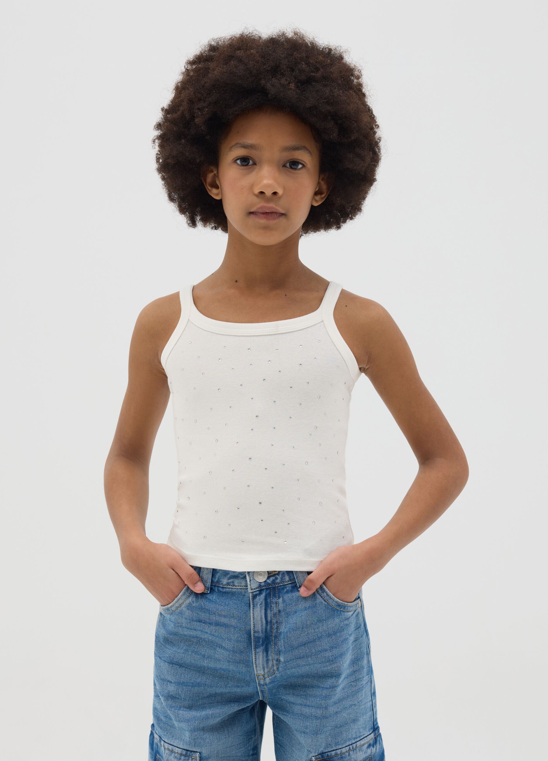 Tank top in cotone stretch con strass bianco