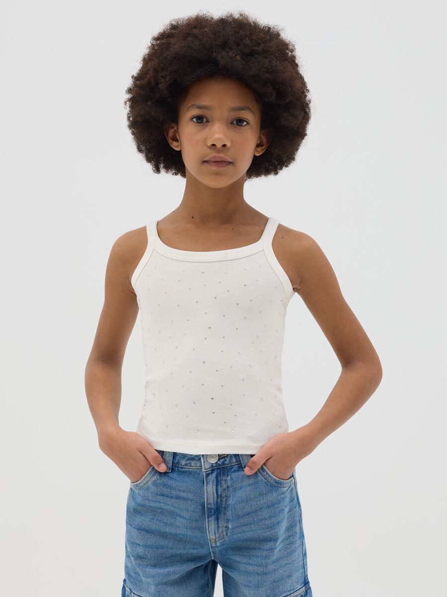 White tank top in stretch cotton with diamantés_0