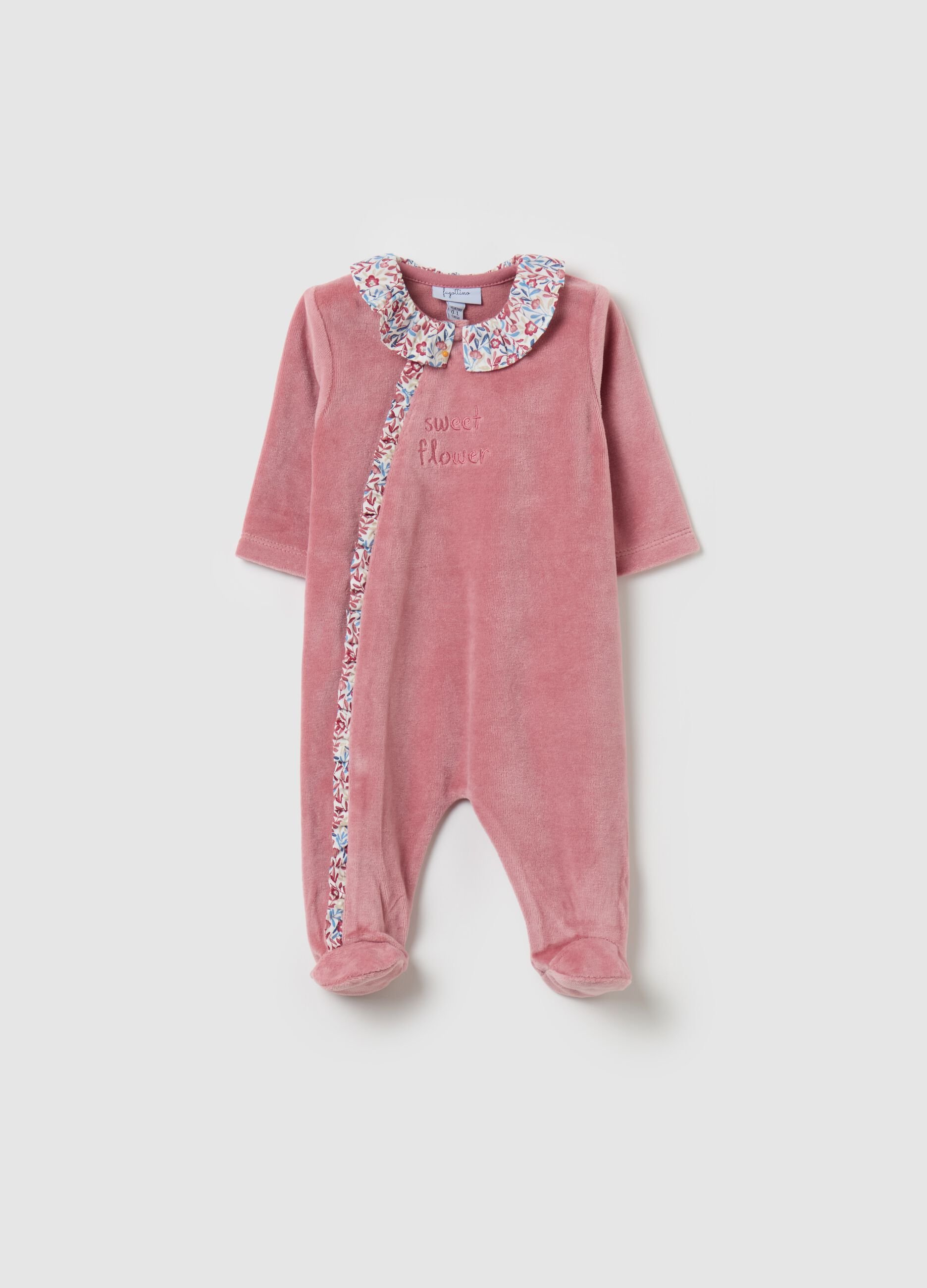 Velour onesie with feet and floral pattern