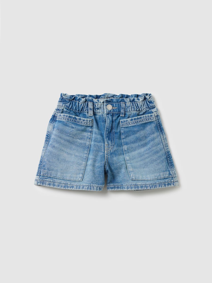 Shorts da ragazza in puro cotone denim blu regular fit a vita alta_0