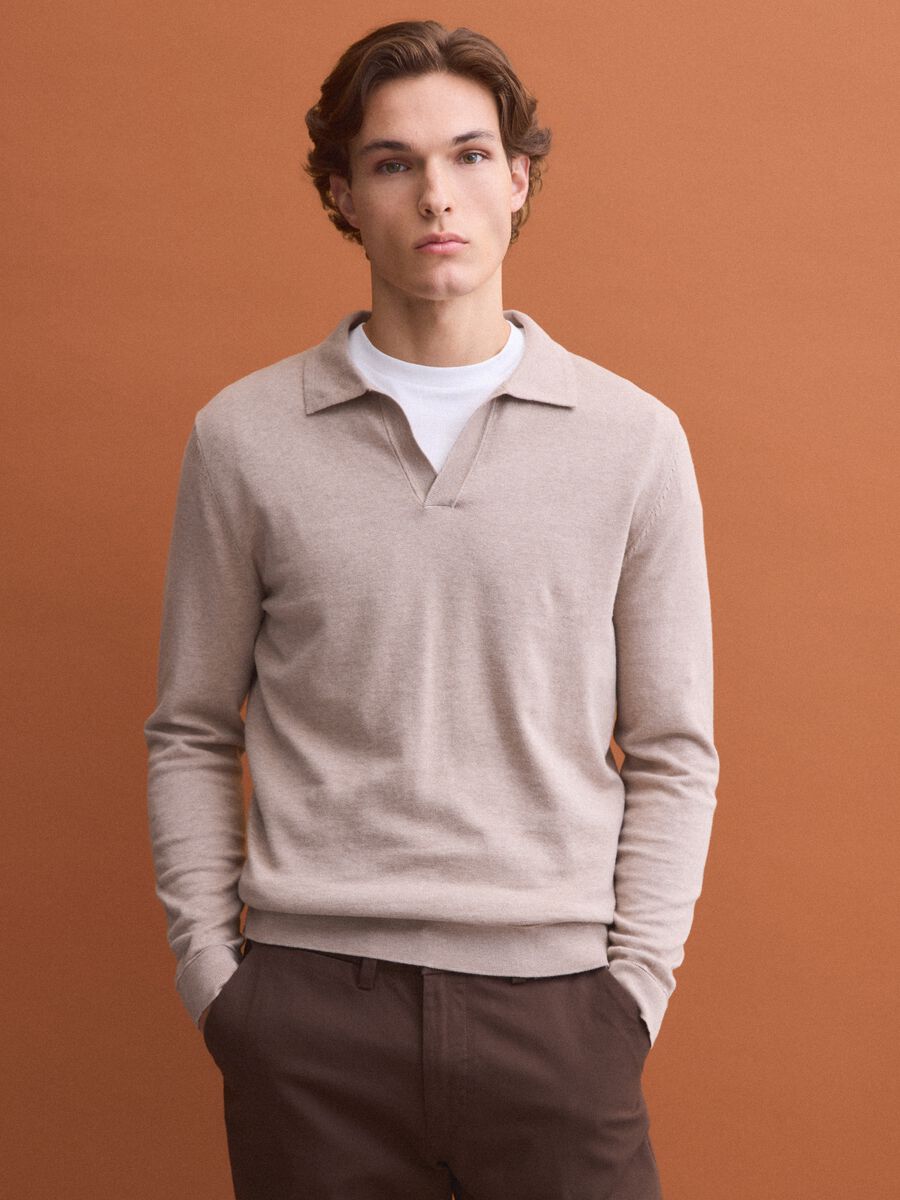 Polo beige in puro cotone a maniche lunghe_2
