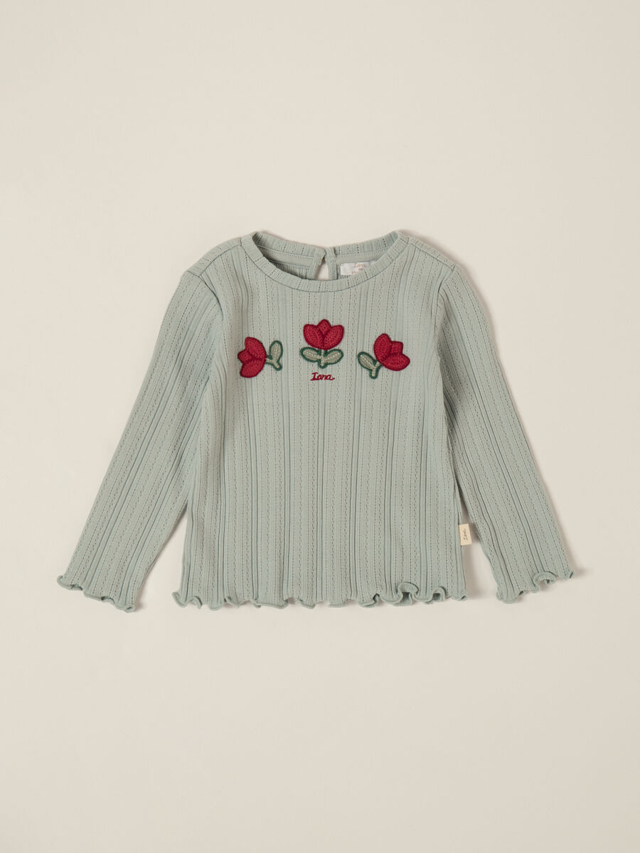 Green Long-Sleeve T-Shirt with Embroidered Flowers_0