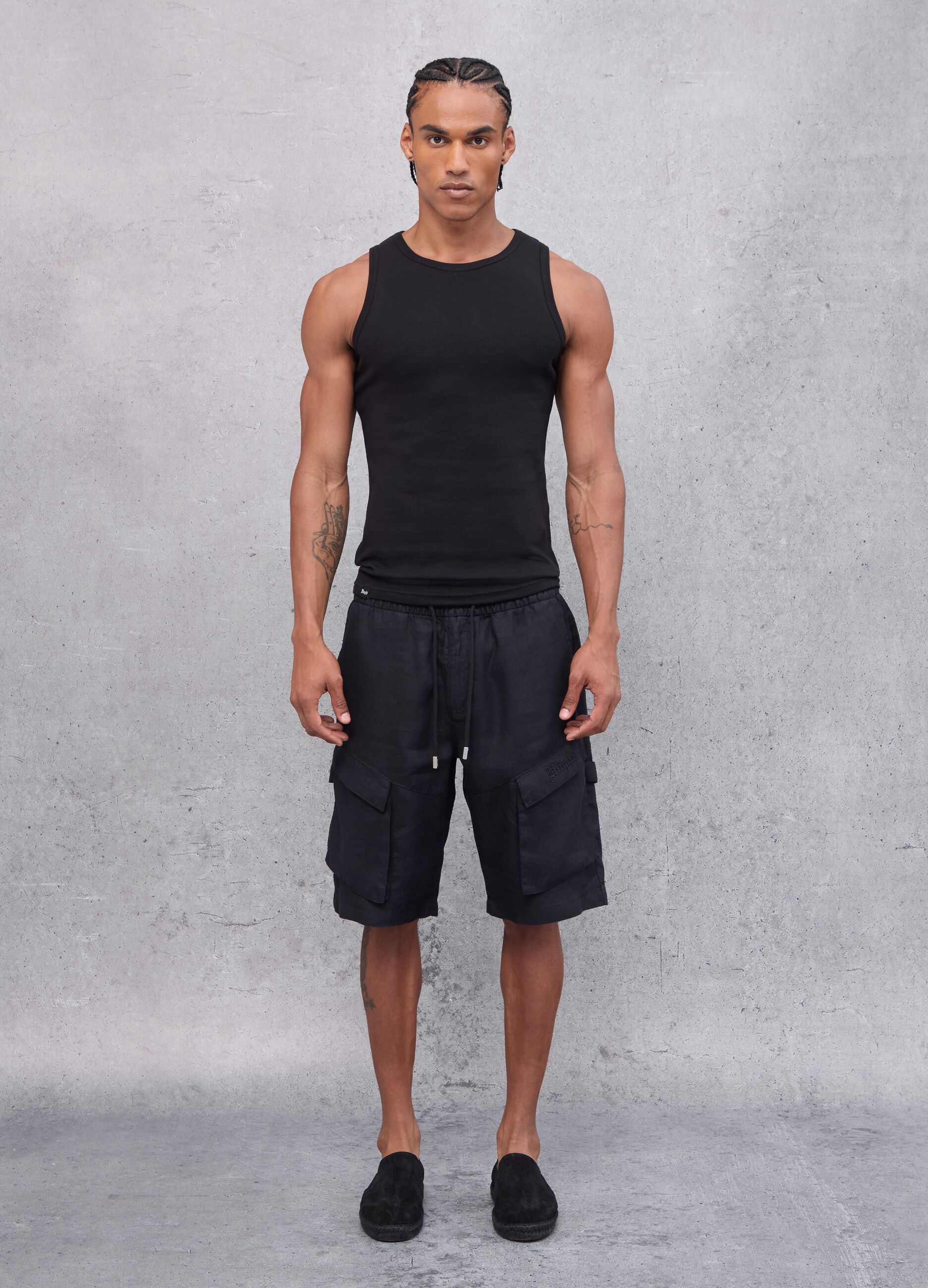 100% Linen Black Cargo Shorts
