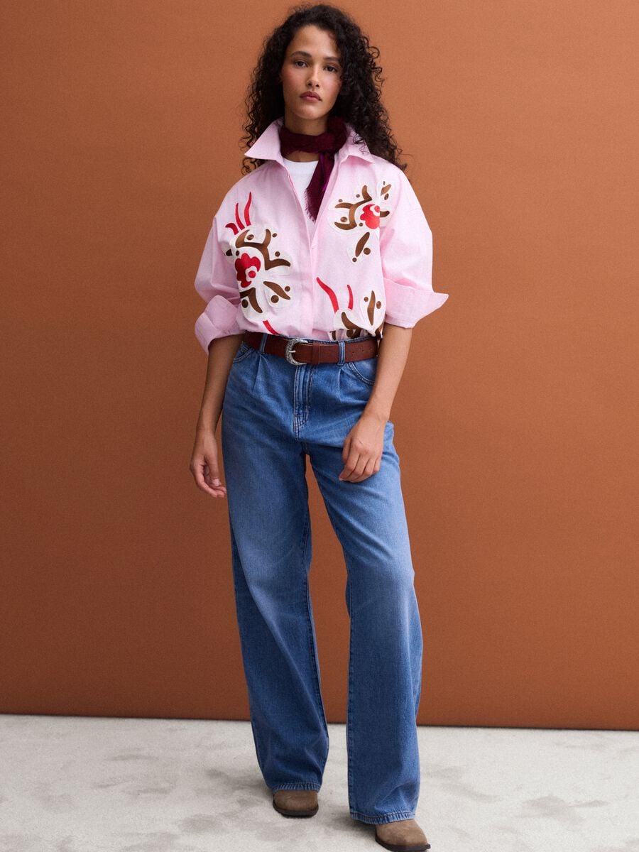 Camicia rosa in popeline di puro cotone con stampa floreale regular fit_1