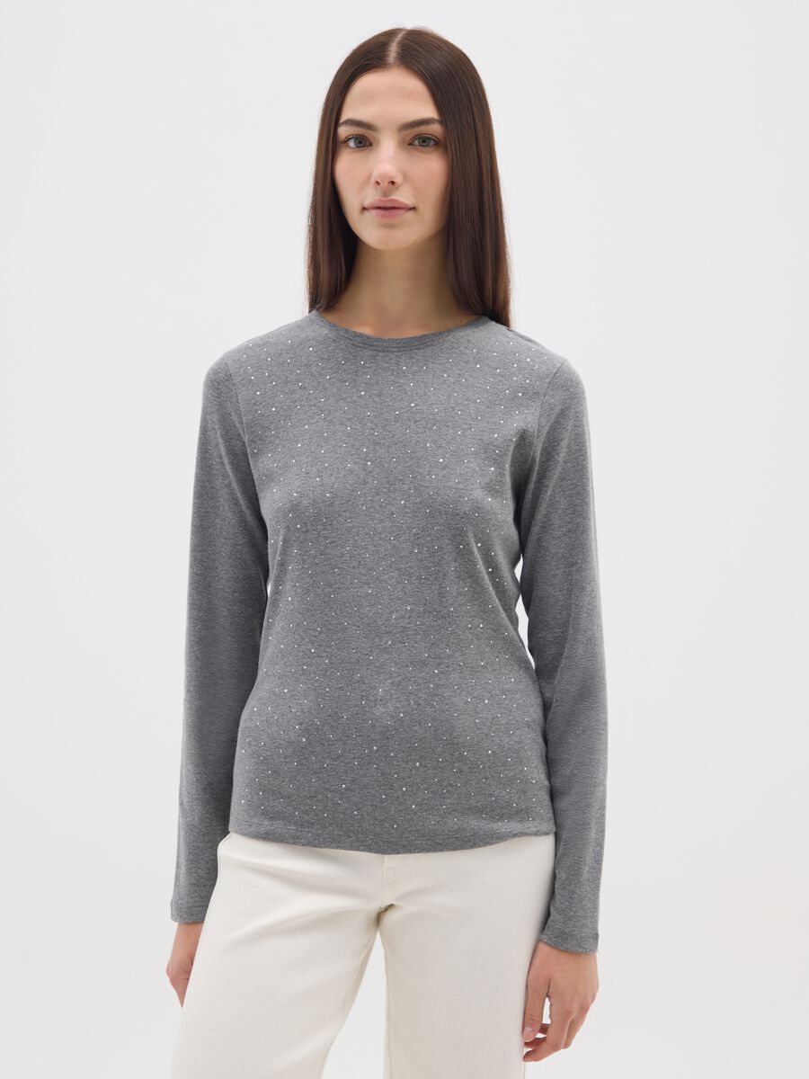 Grey long-sleeve regular fit pure cotton top with rhinestones_0