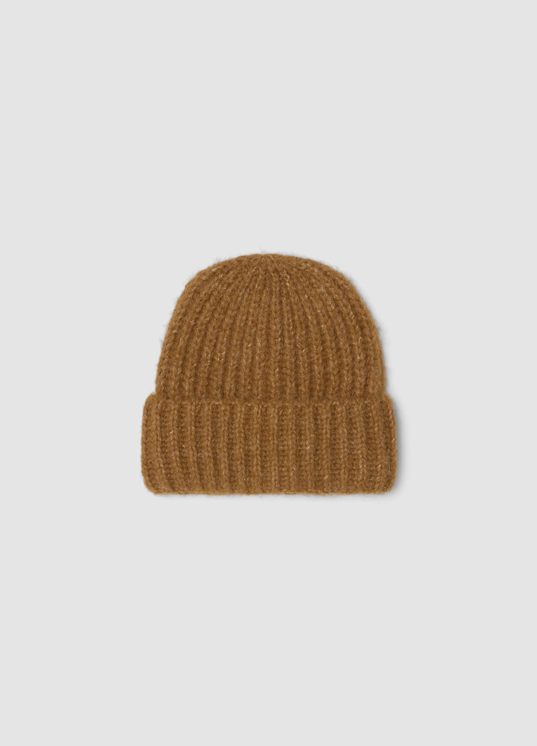 Brown wide-rib stretch wool beanie