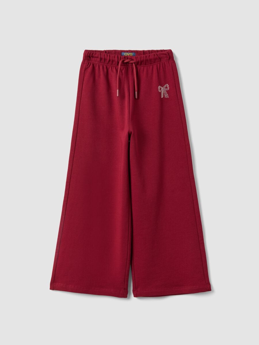 Pantaloni rossi in puro cotone con vita elasticizzata e fiocco per bambina_0