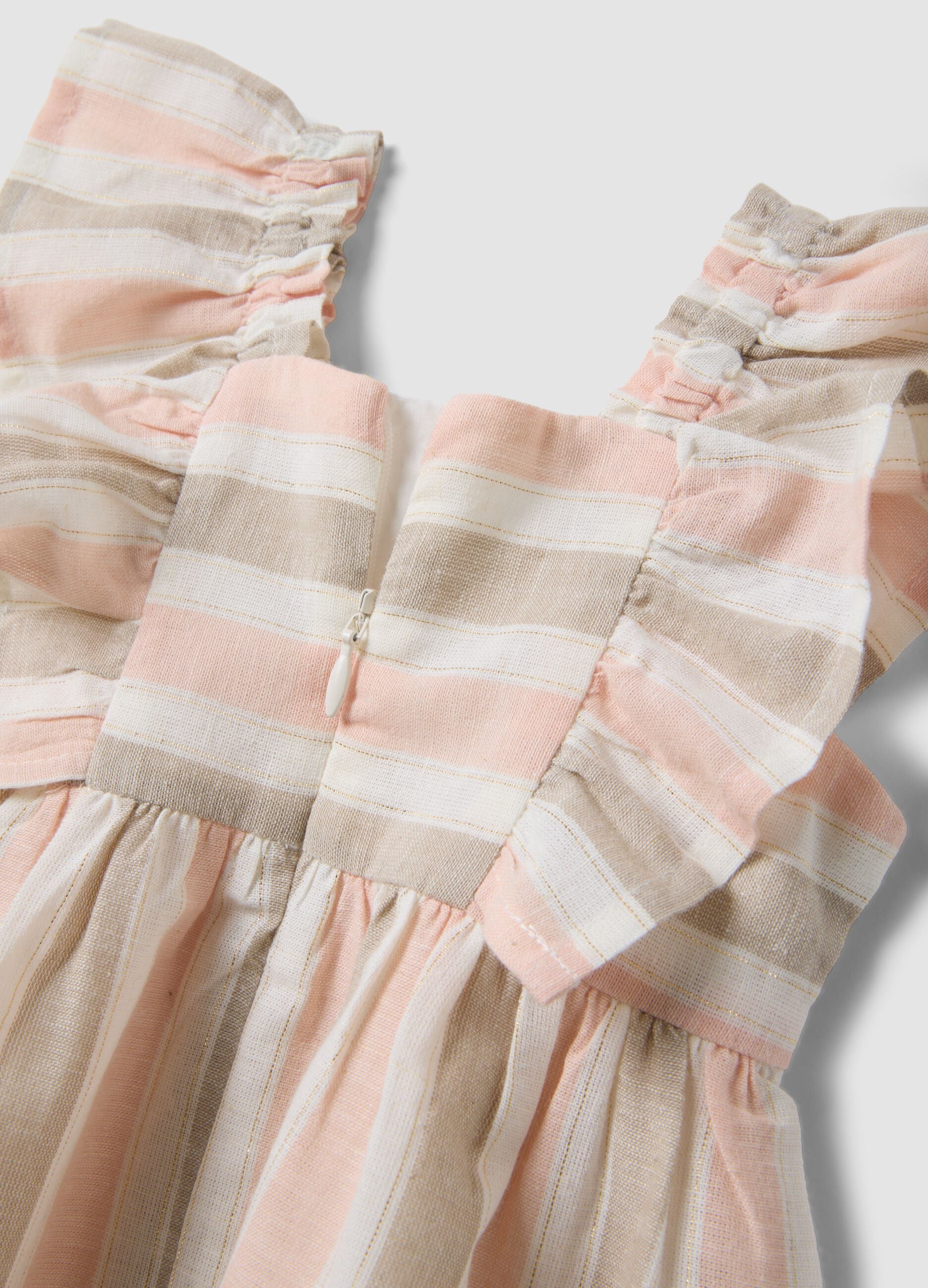 Pink striped cotton and linen-blend dress with ruffles