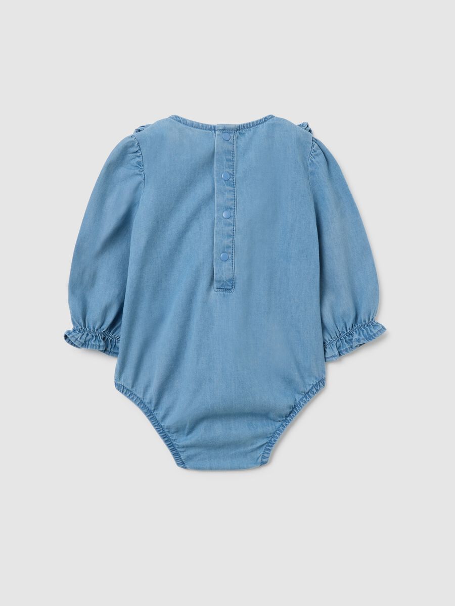 Baby girl bodysuit in pure denim cotton with frills_1