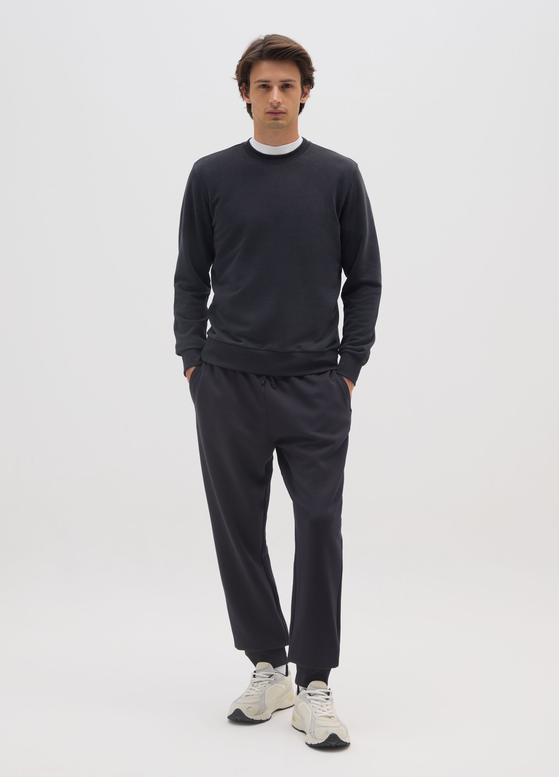 Black cotton blend regular fit trousers