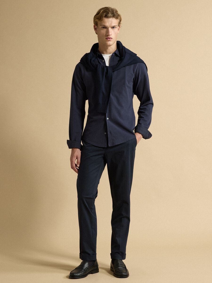 Polo piquet blu in puro cotone a maniche lunghe regular fit_2