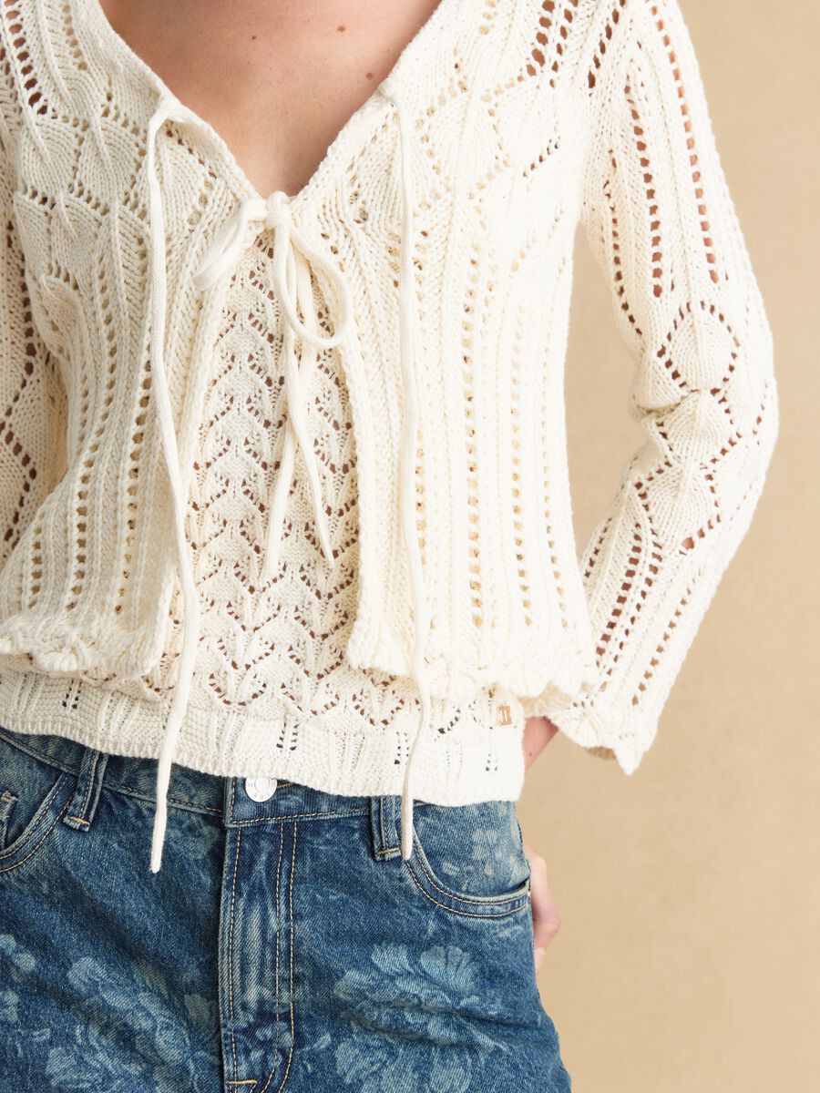Cardigan traforato in puro cotone bianco regular fit deep V _3