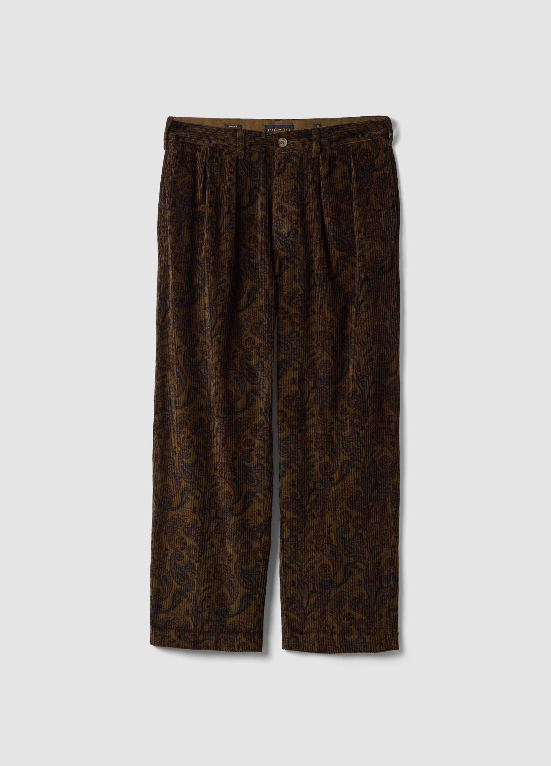 Pantaloni chino marroni in puro cotone con stampa paisley baggy fit