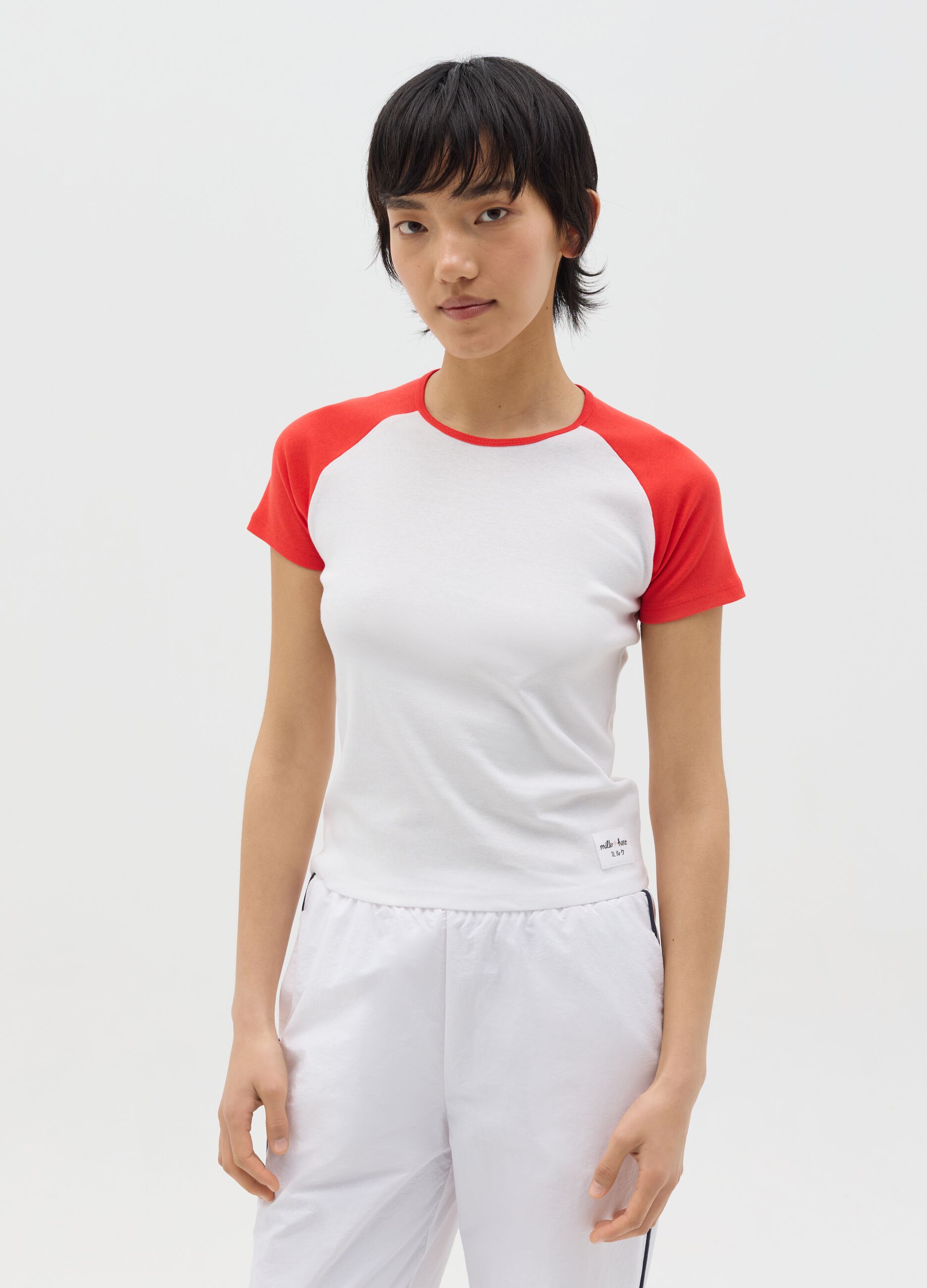 White T-shirt with red raglan sleeves