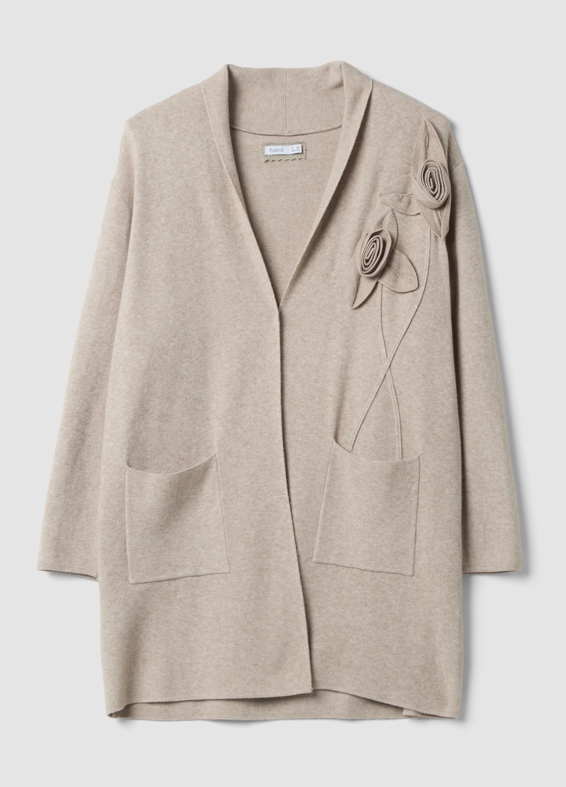 Beige viscose-blend cardigan with raised floral appliqu&eacute;