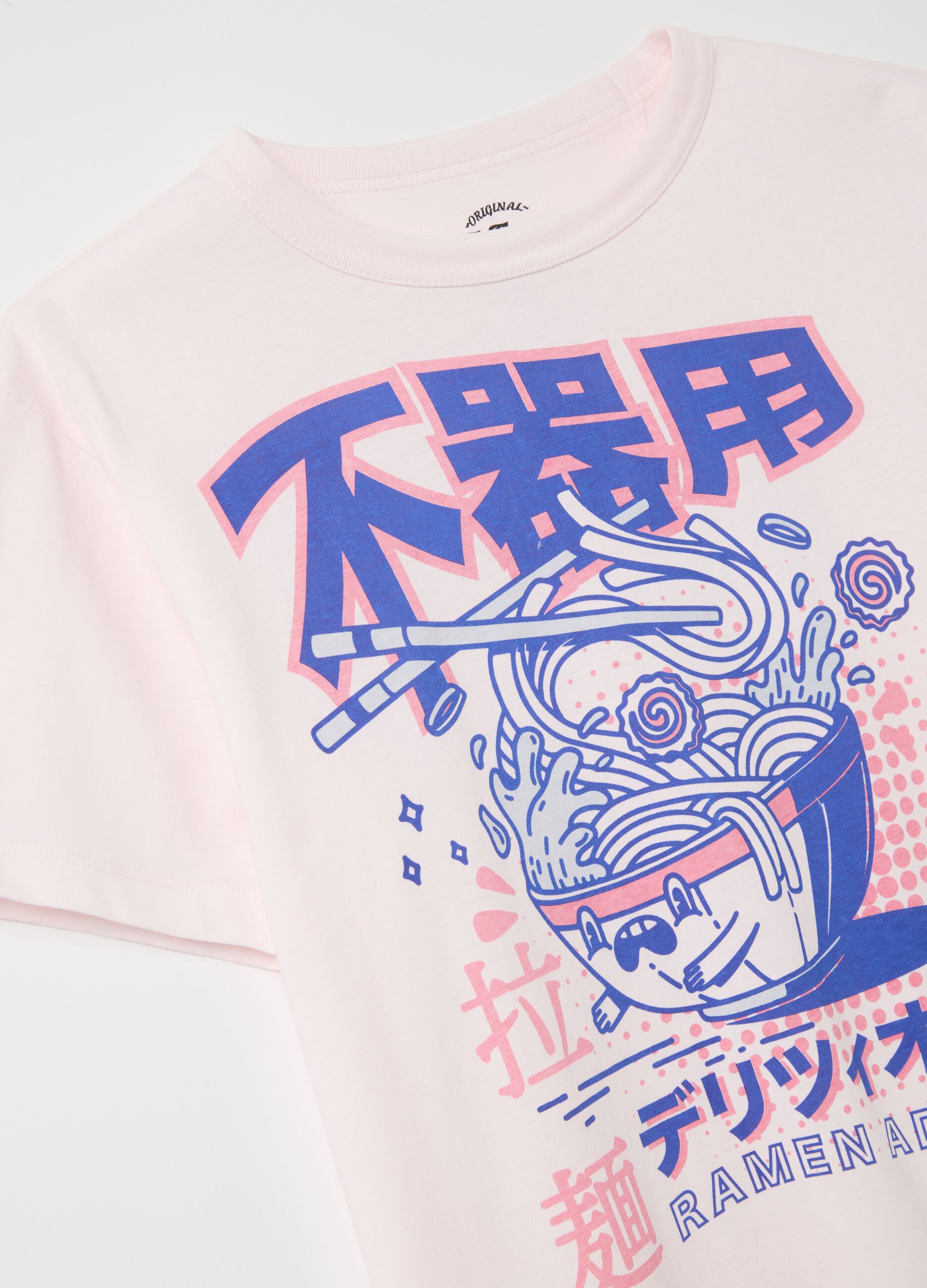 Pink cotton T-shirt with ramen print