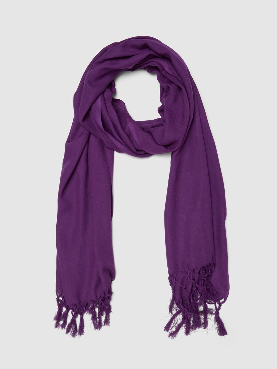 Sciarpa in misto viscosa e lino viola con frange_0