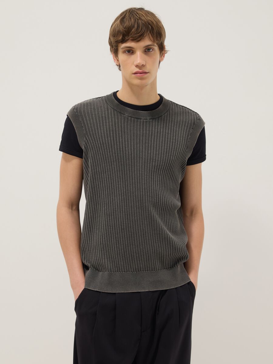 Oversize fit grey ribbed pure cotton vest_0