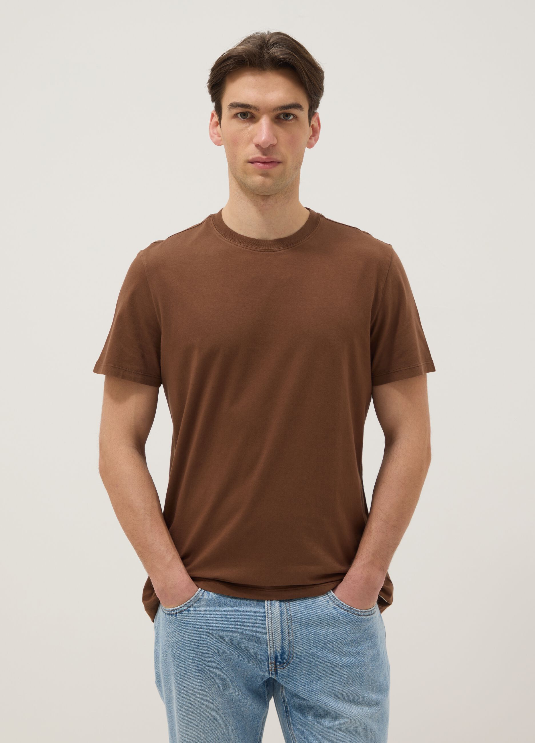Brown crew neck pure cotton regular fit t-shirt