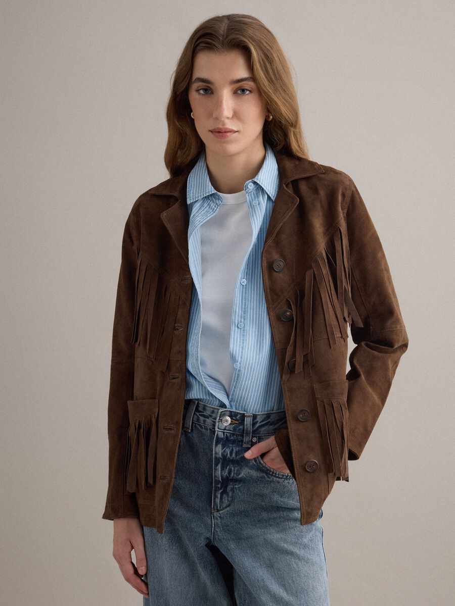 Brown genuine leather jacket with fringes_1