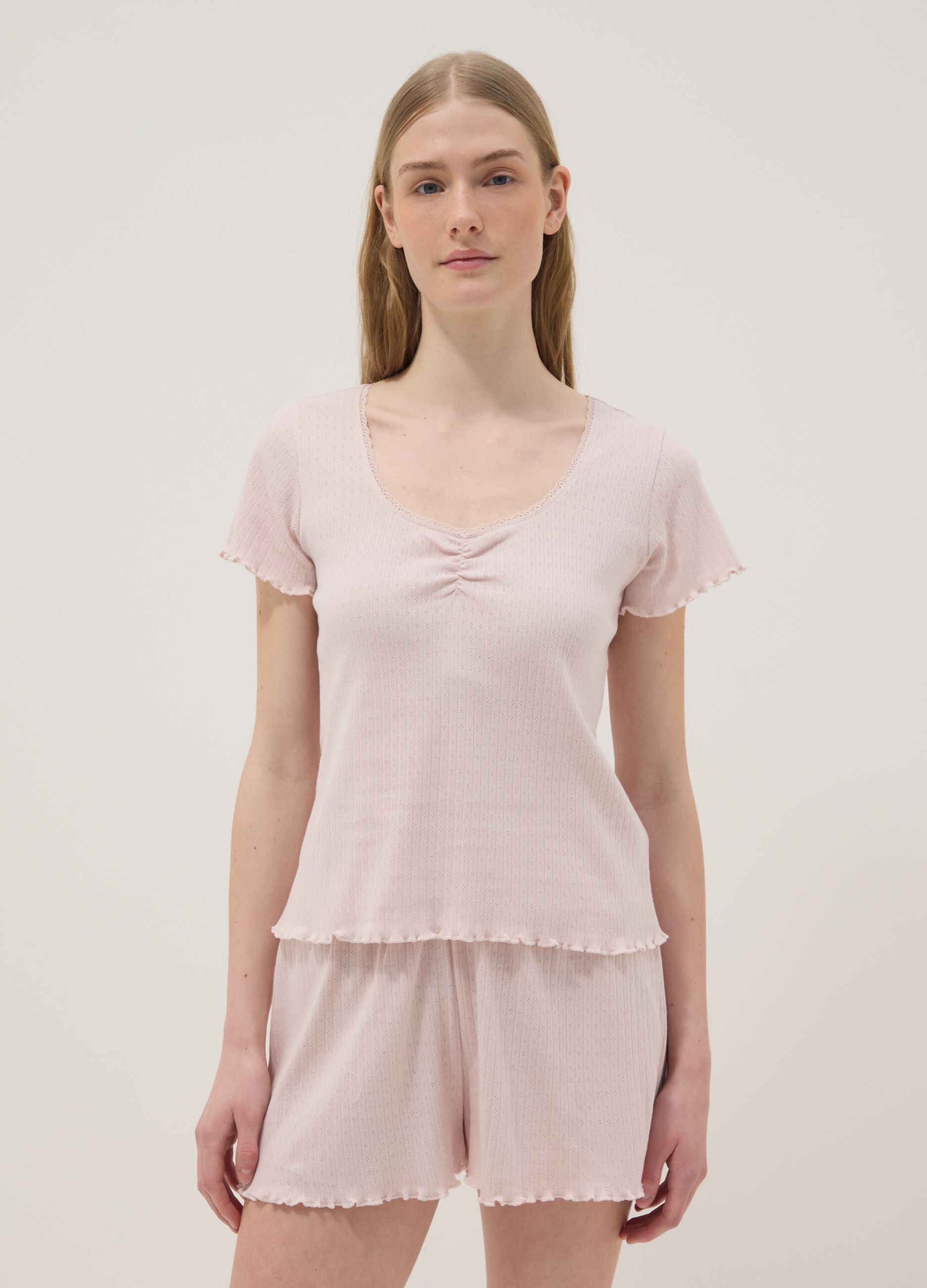 Pink pure cotton pyjama regular fit with ruched details