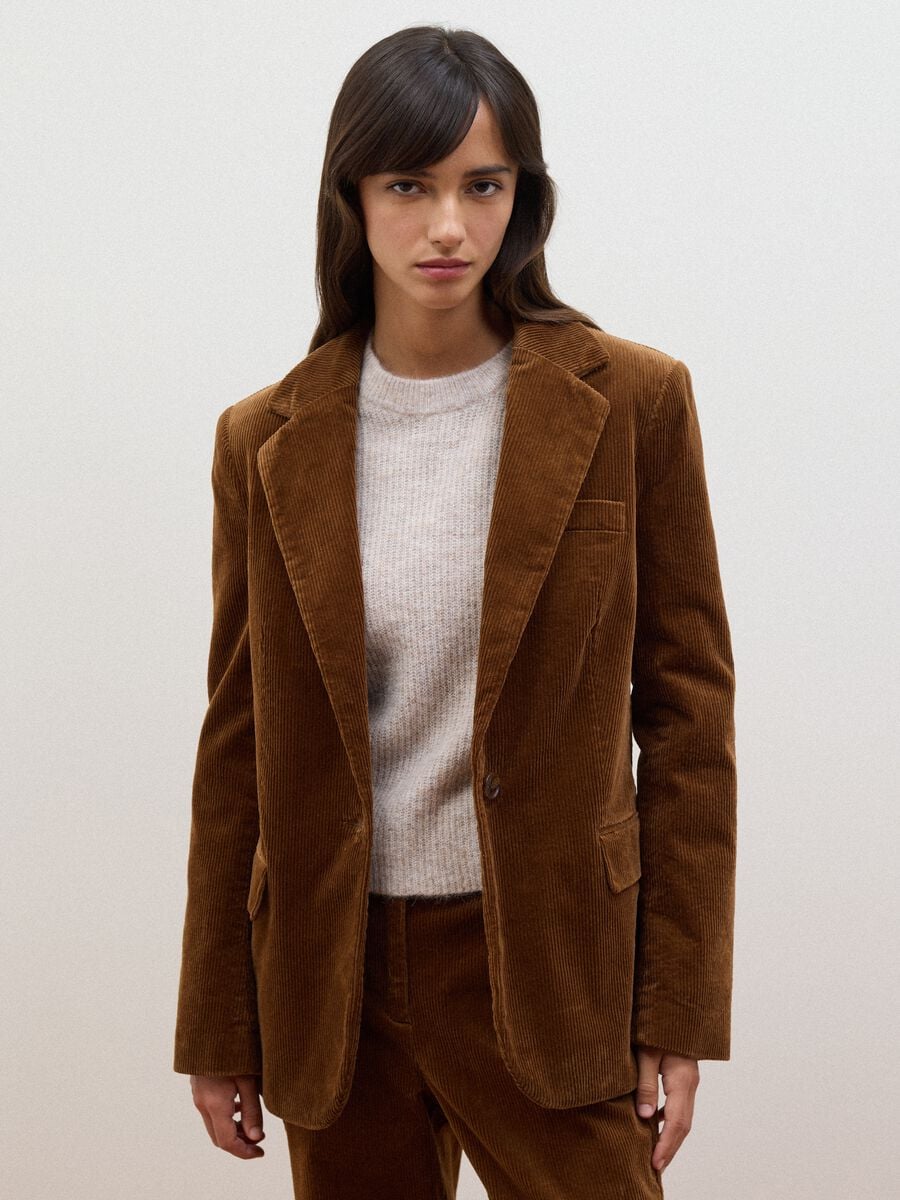 Blazer marrone in cotone elasticizzato foderato a coste con rever classico_0