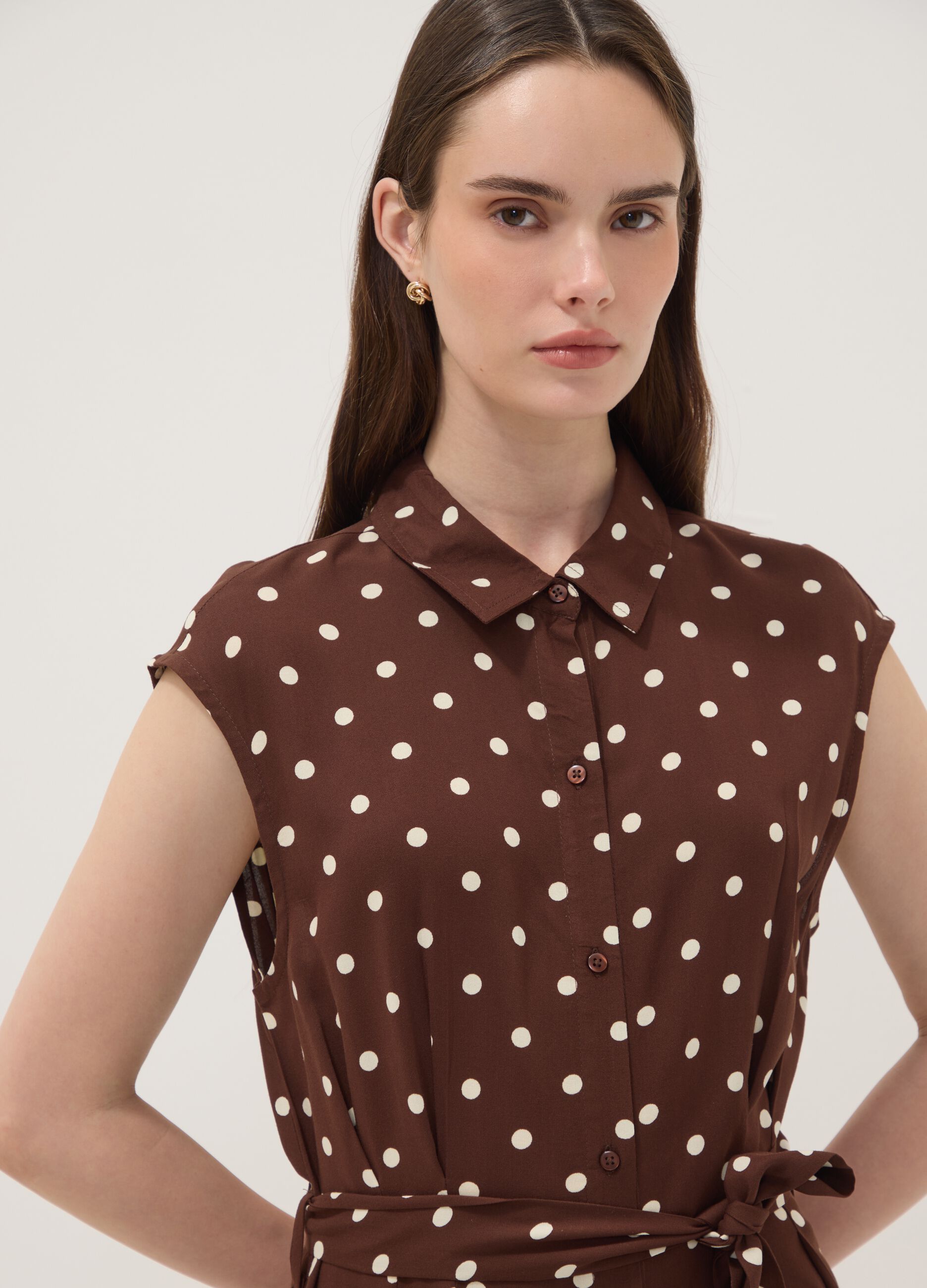 Brown midi dress in pure viscose with polka dots, regular fit