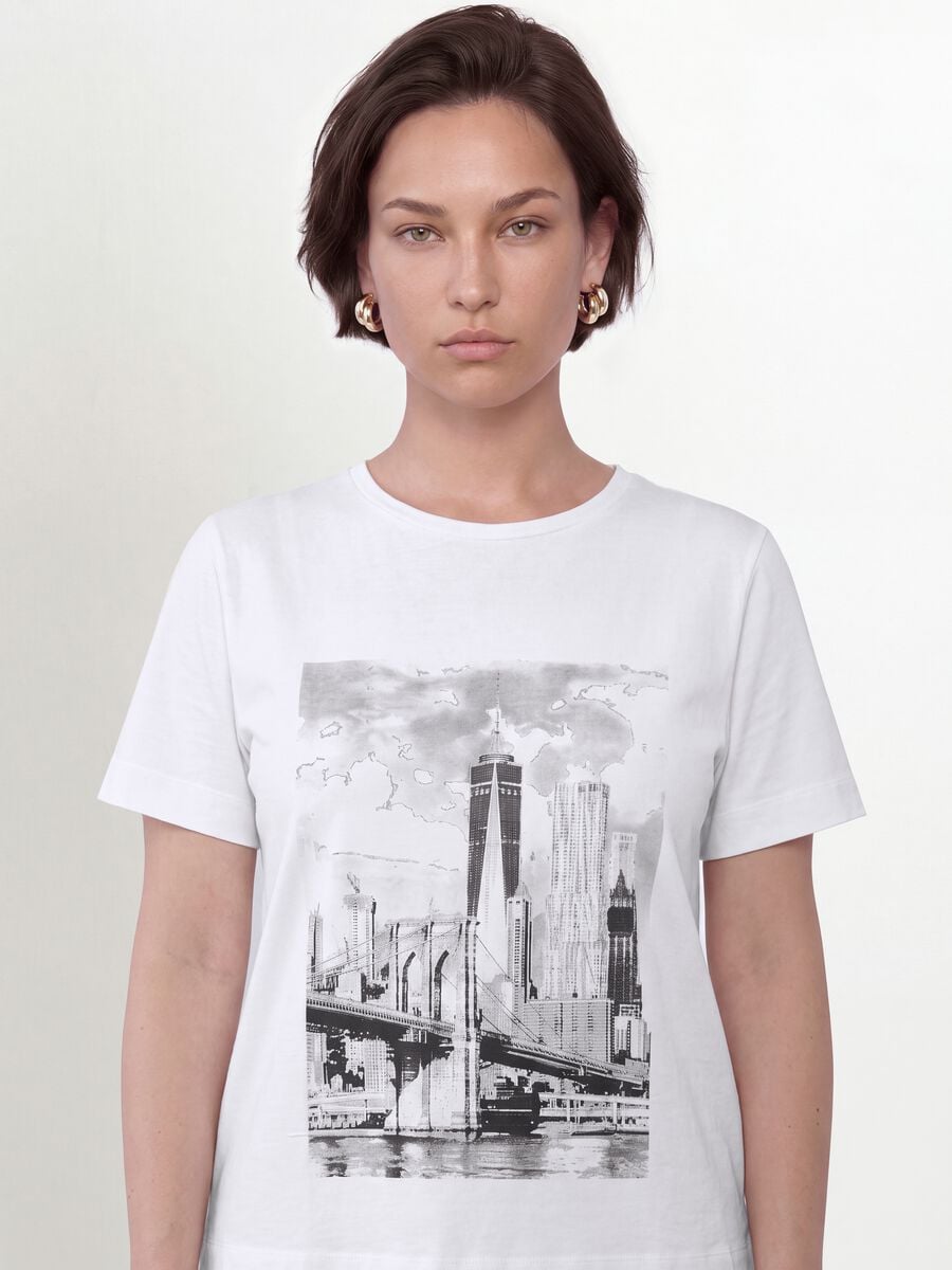 White pure cotton T-shirt with graphic print, regular fit_0