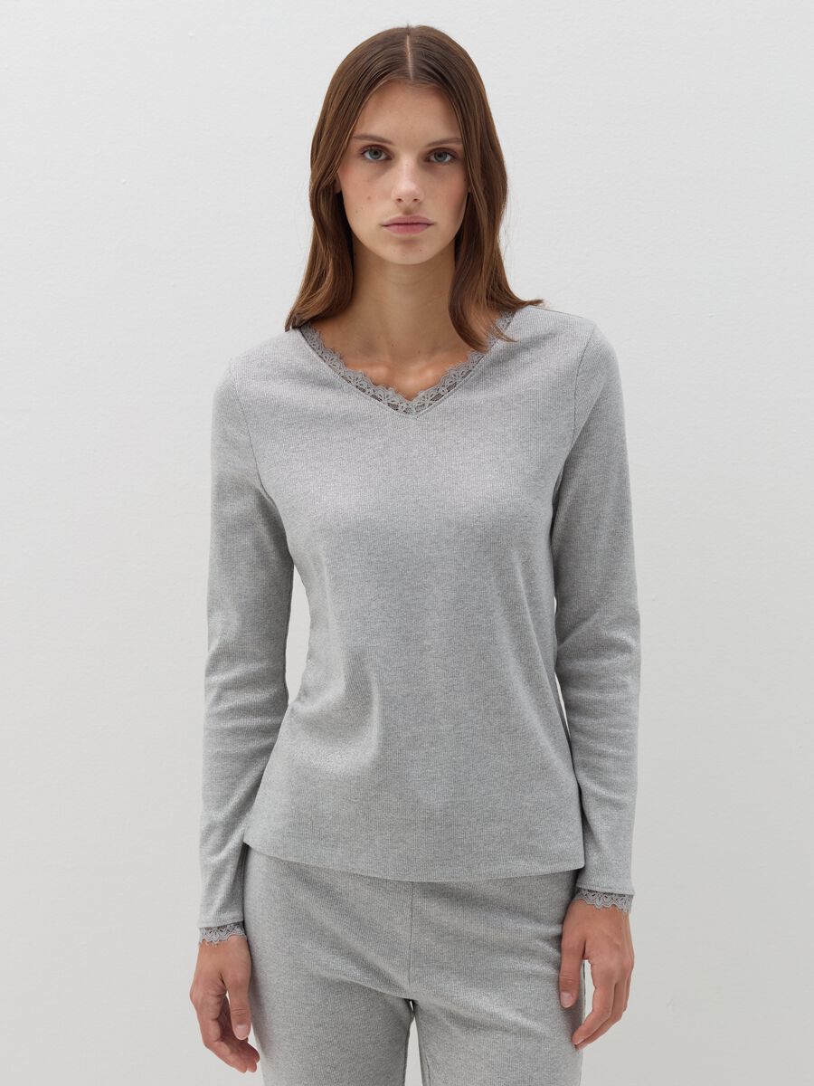 Full-length pyjamas with lurex and lace trim_1