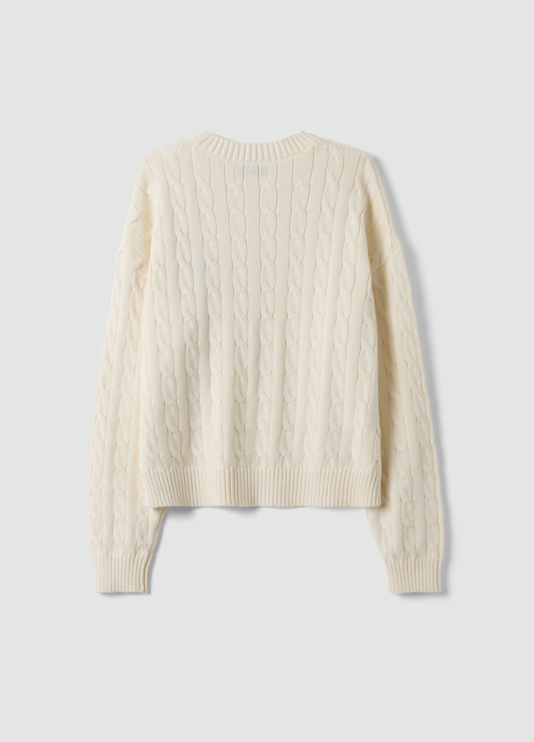 White pure cotton cable-knit jumper with croissant embroidery