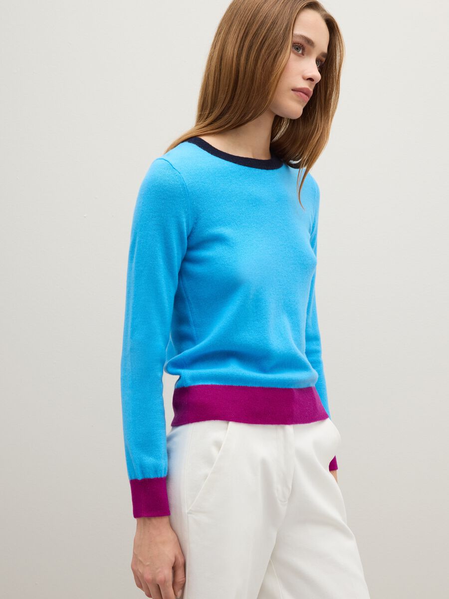 Sky Blue Pure Wool Jumper with Contrast Cuffs_1