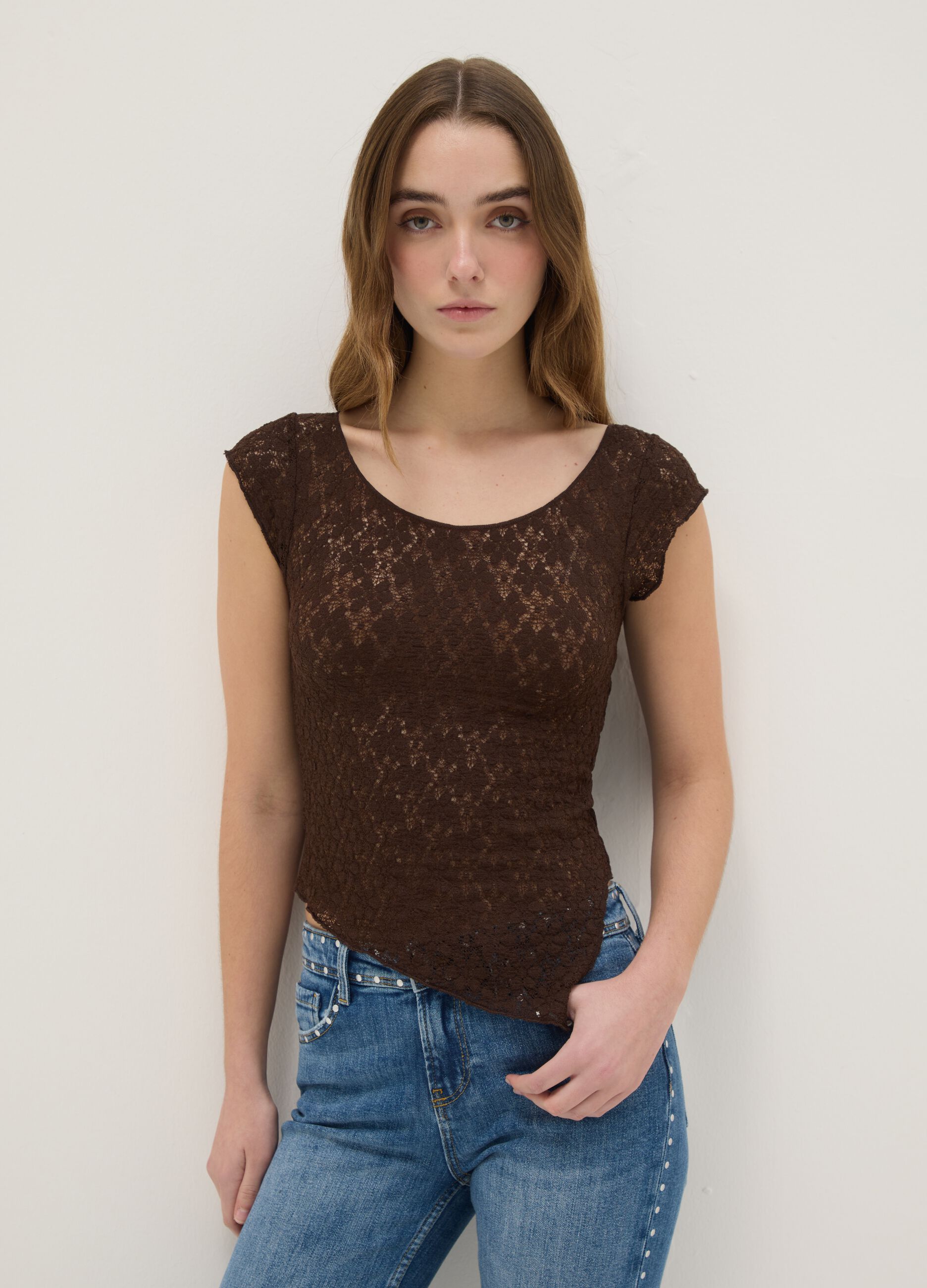 Brown cotton blend slim fit T-shirt with perforated design