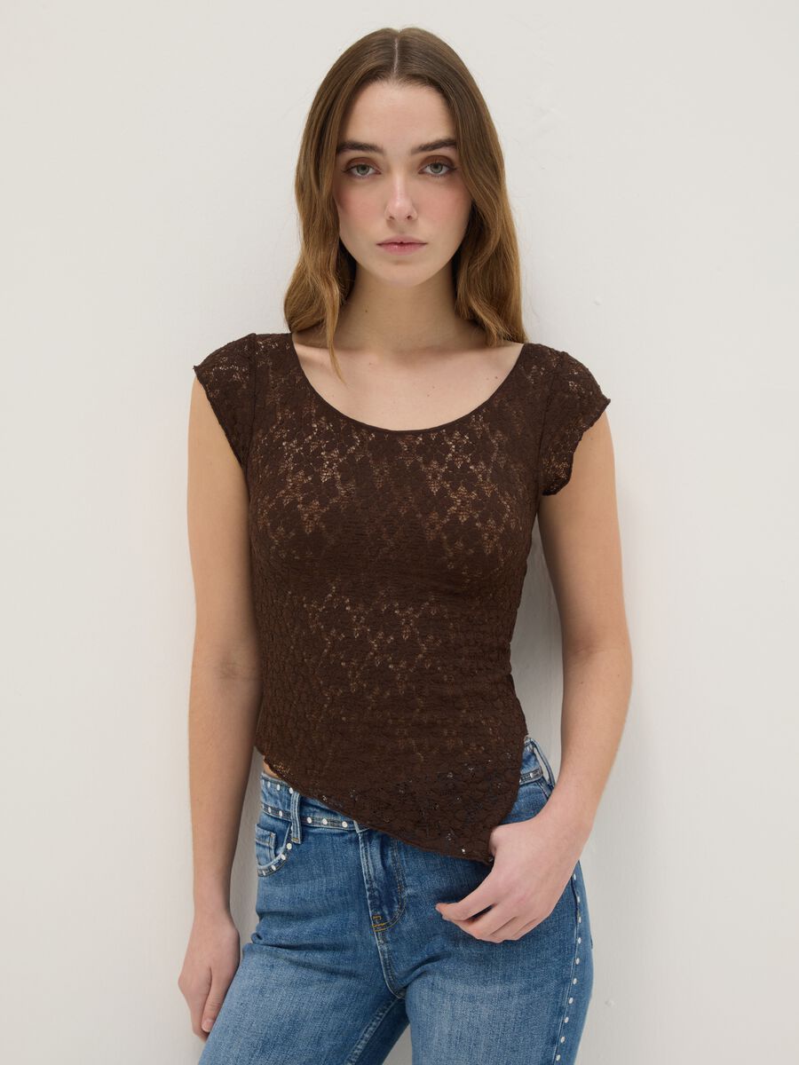 Brown cotton blend slim fit T-shirt with perforated design_0
