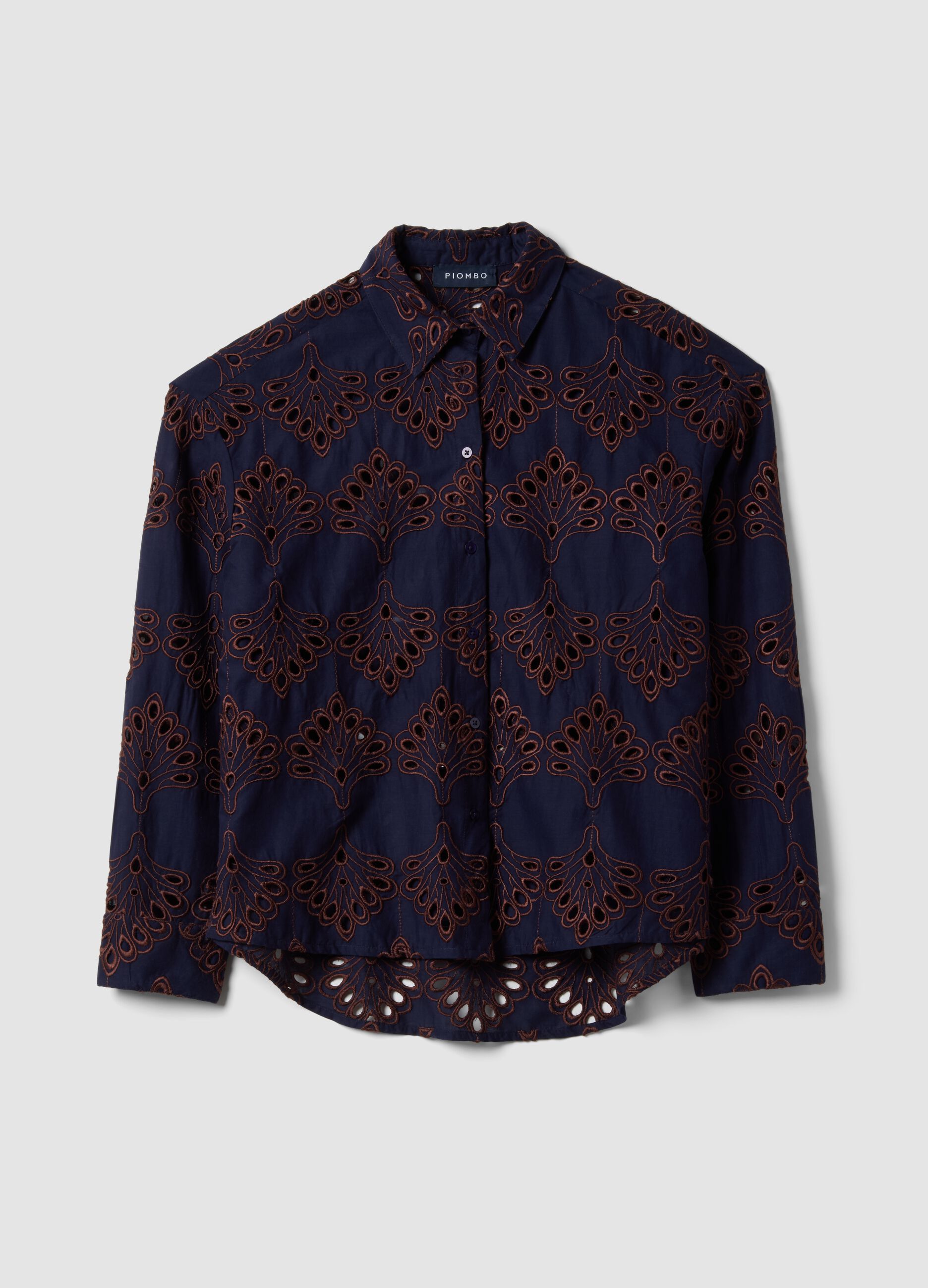 Blue short-sleeve pure cotton shirt with openwork embroidery
