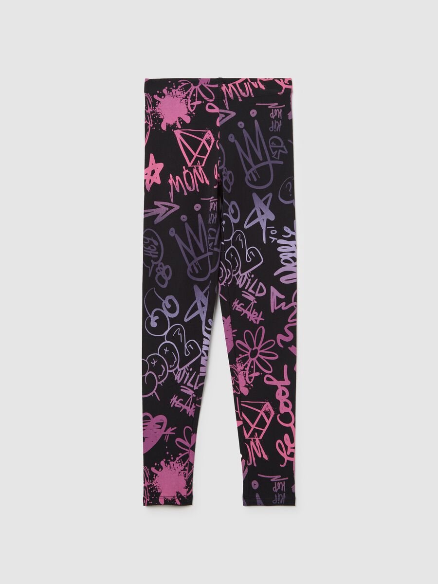 Stretch cotton leggings with graffiti print_0