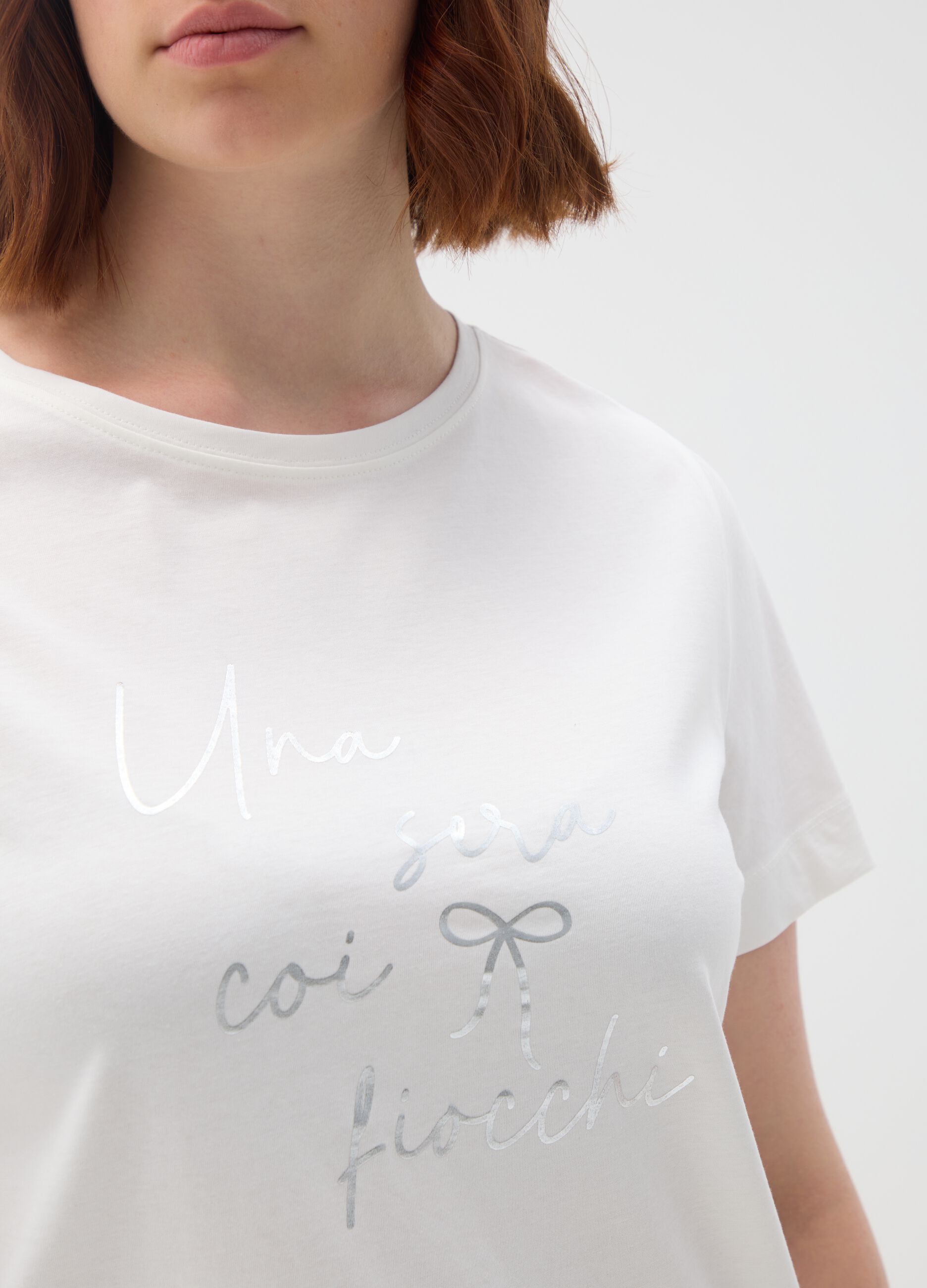 White pure cotton T-shirt regular fit with embroidered text
