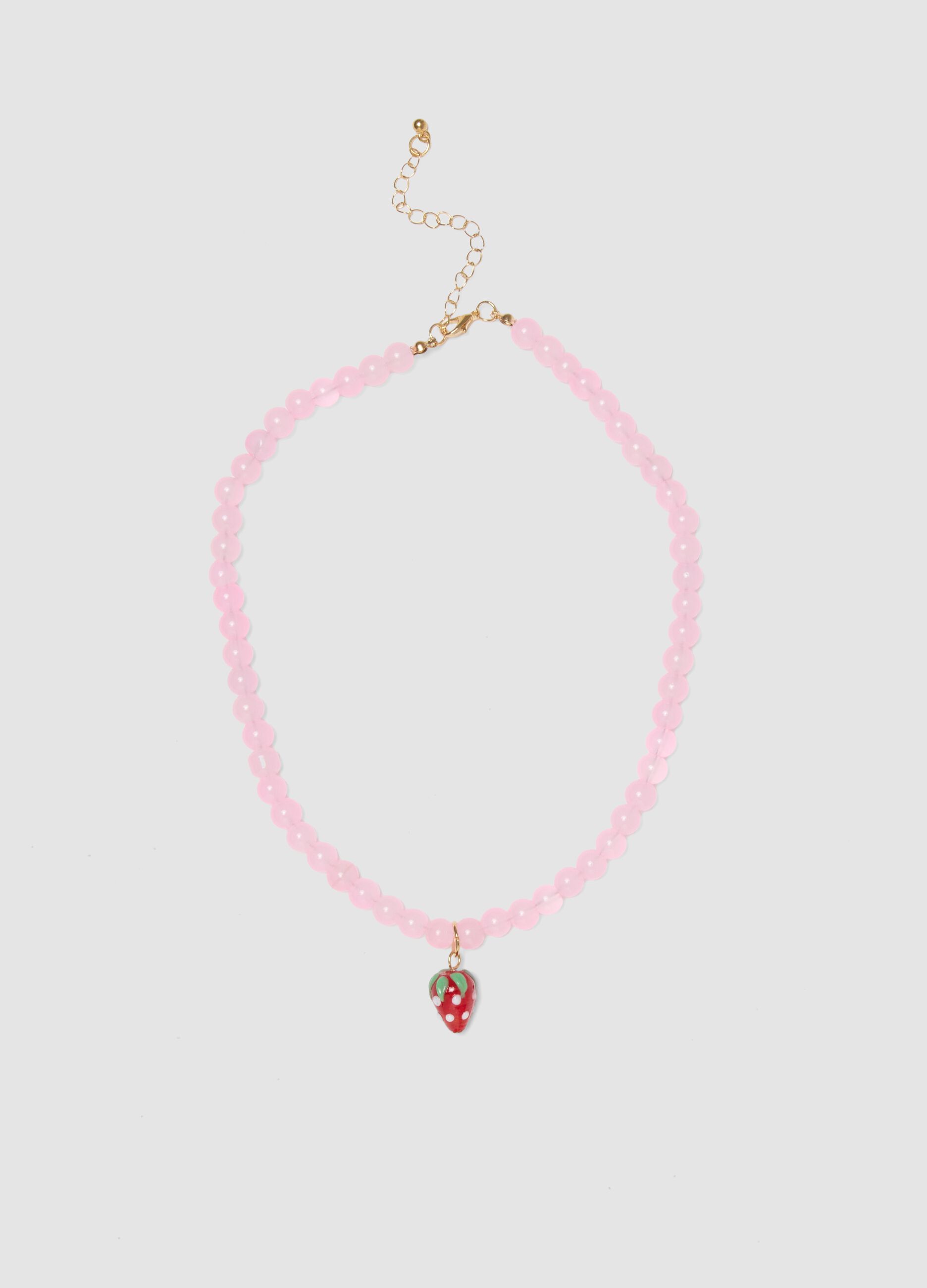 Pink Beaded Necklace with Strawberry Pendant